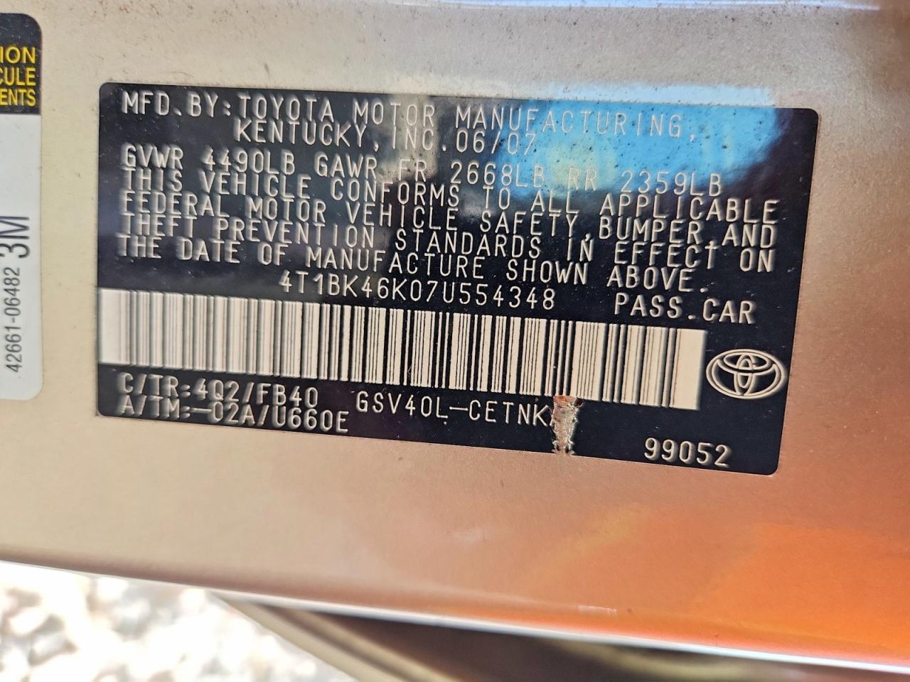 2007 Toyota Camry Le V6 Tan vin: 4T1BK46K07U554348