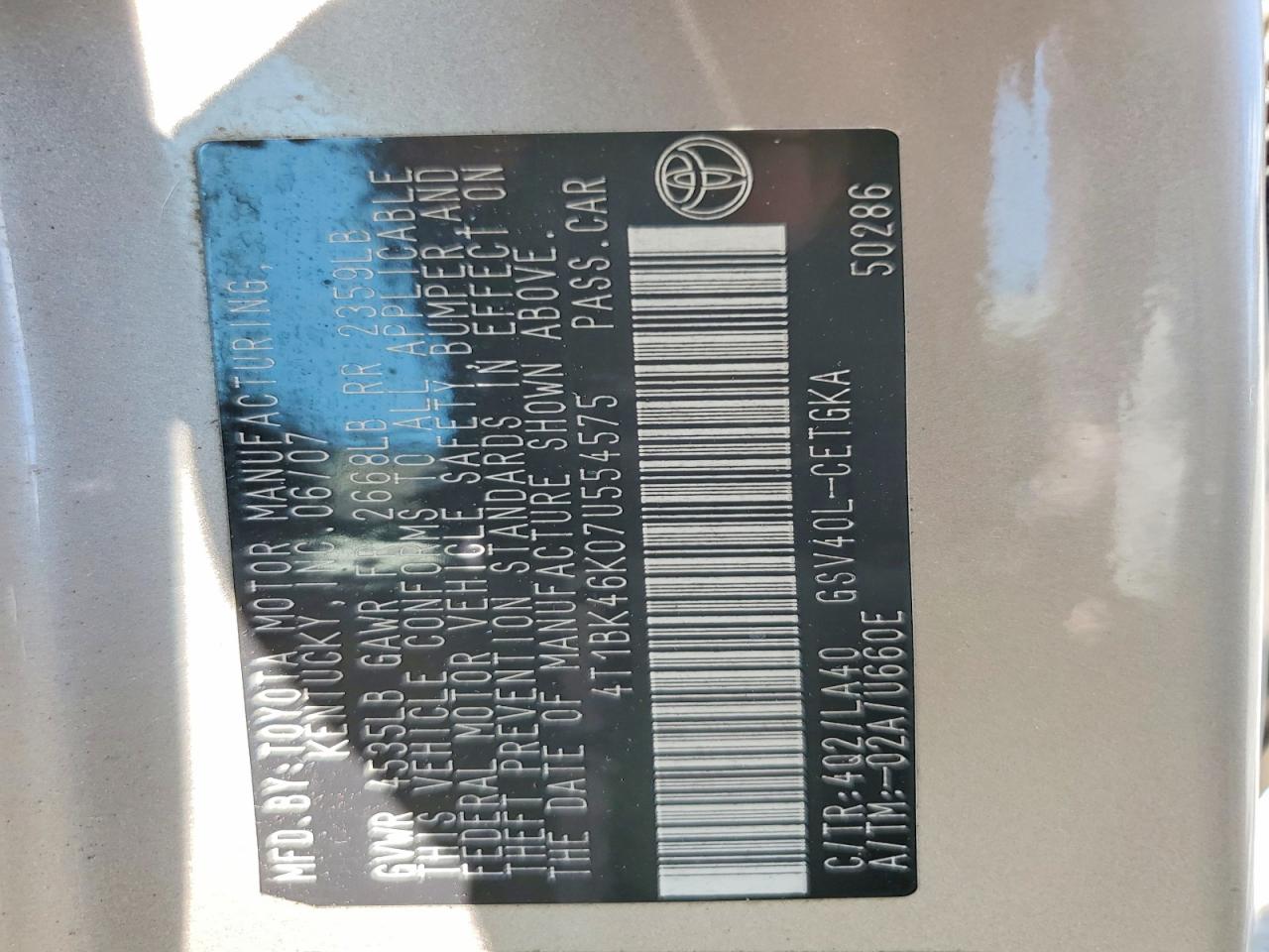 2007 Toyota Camry Xle V6 Золотой vin: 4T1BK46K07U554575