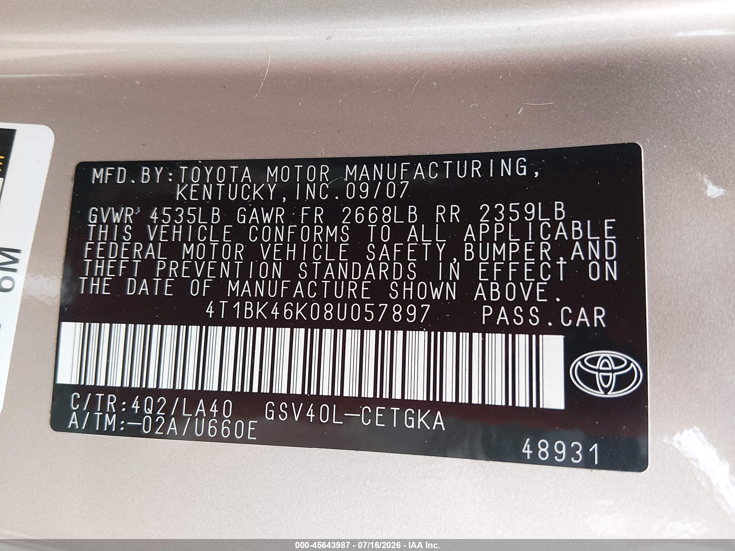 2008 Toyota Camry Le/xle/se Tan vin: 4T1BK46K08U057897