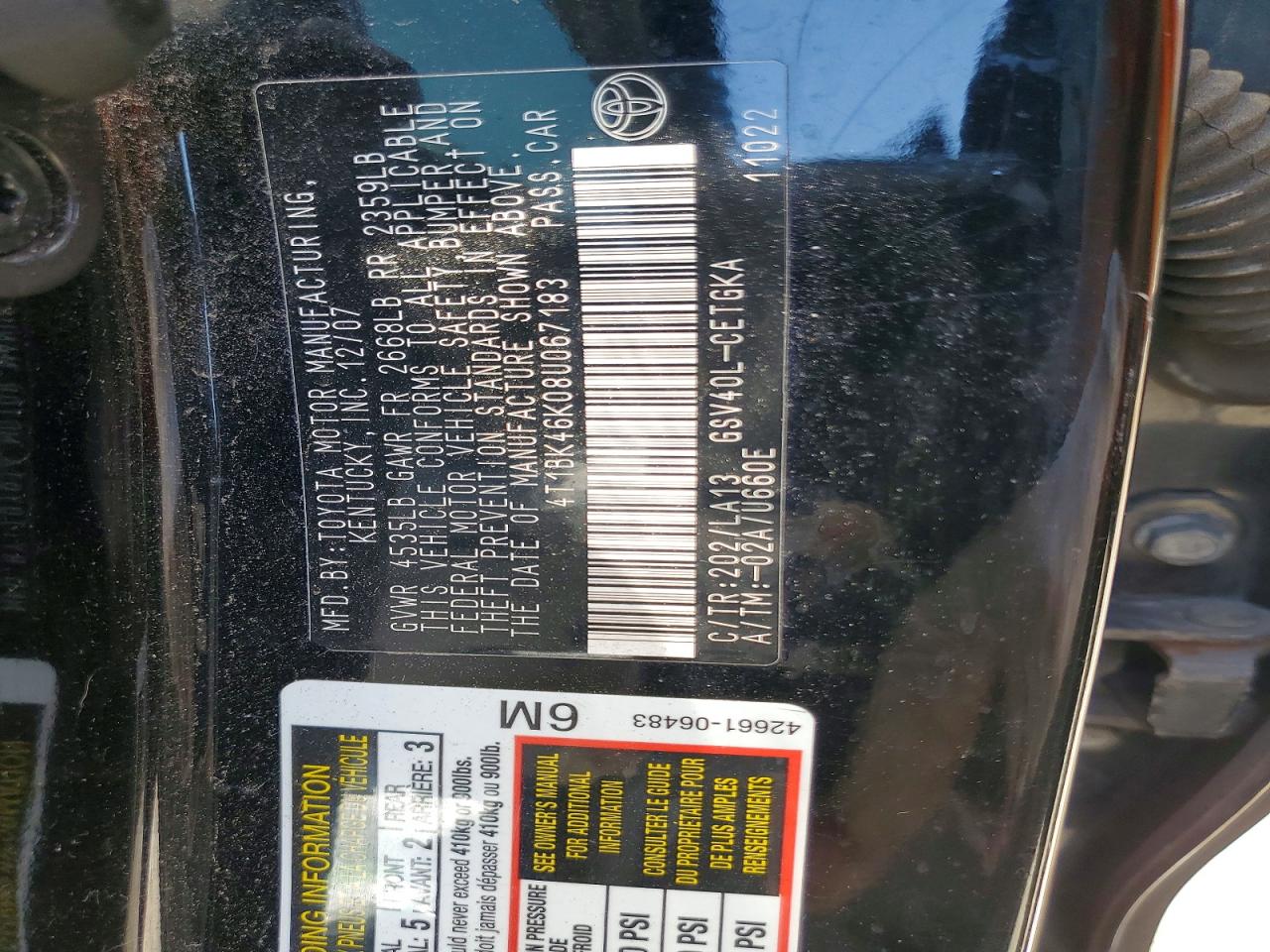 2008 Toyota Camry Xle V6 Black vin: 4T1BK46K08U067183
