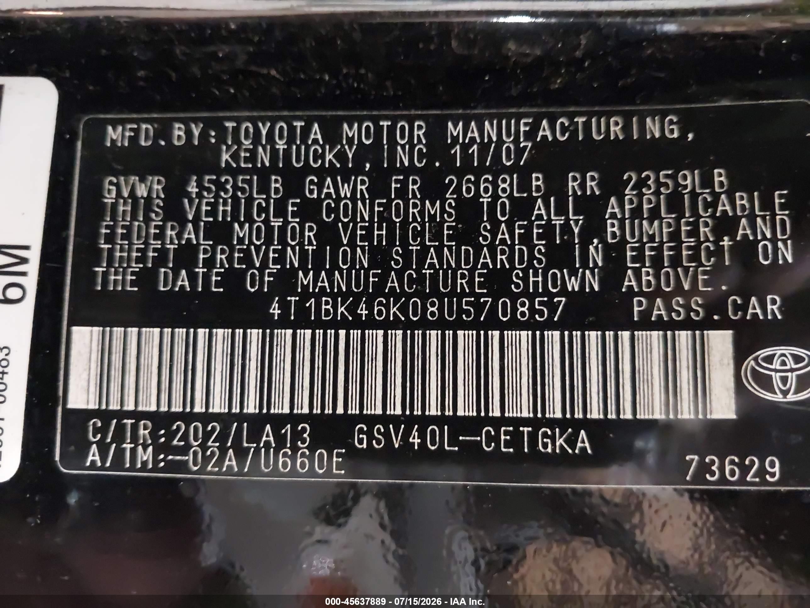 2008 Toyota Camry Xle Black vin: 4T1BK46K08U570857