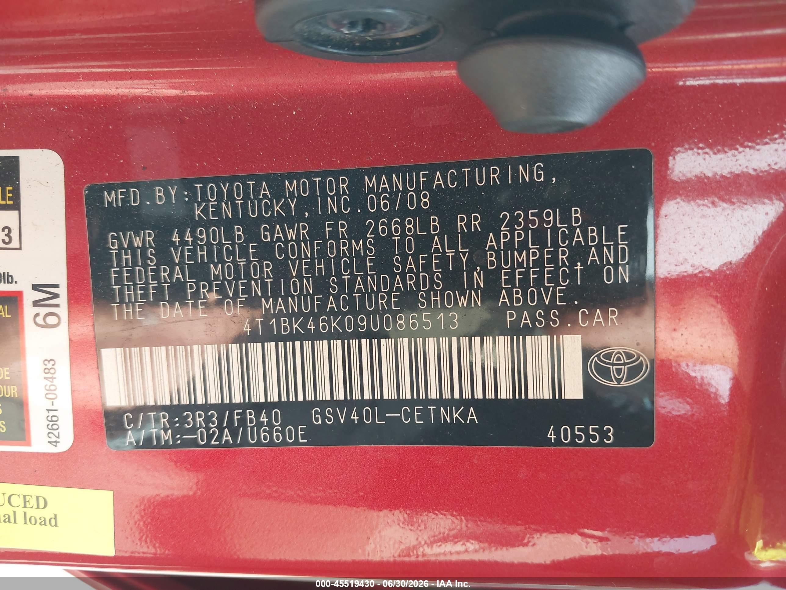 2009 Toyota Camry Le V6 Red vin: 4T1BK46K09U086513