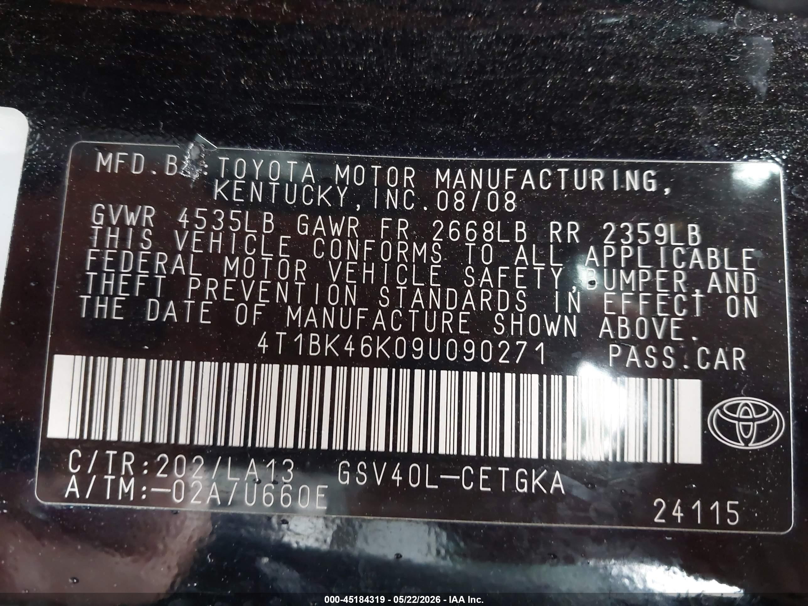 2009 Toyota Camry Xle V6 Black vin: 4T1BK46K09U090271