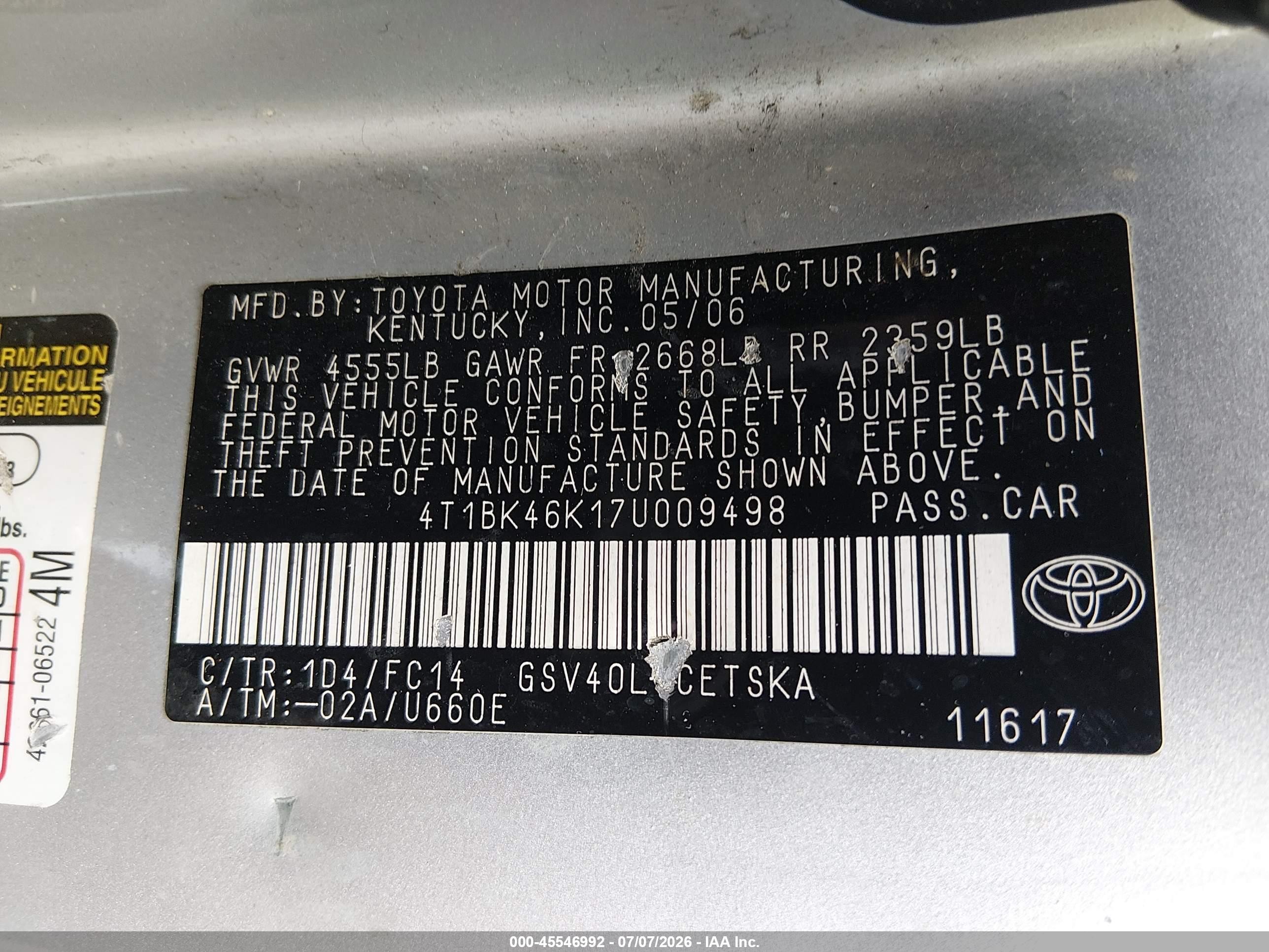 2007 Toyota Camry Se V6 Silver vin: 4T1BK46K17U009498