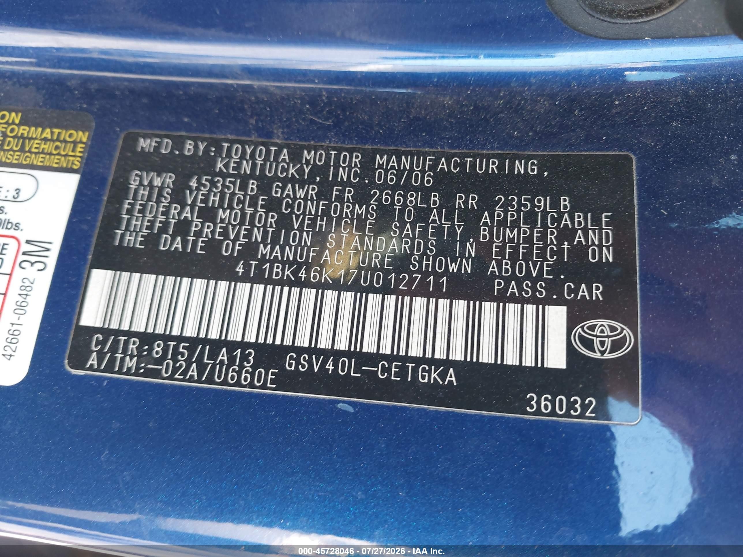 2007 Toyota Camry Xle V6 Blue vin: 4T1BK46K17U012711