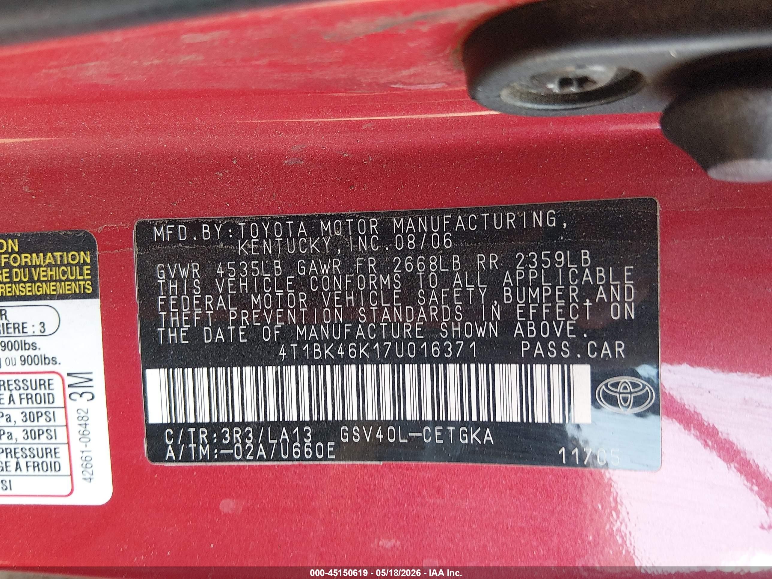 2007 Toyota Camry Xle V6 Red vin: 4T1BK46K17U016371