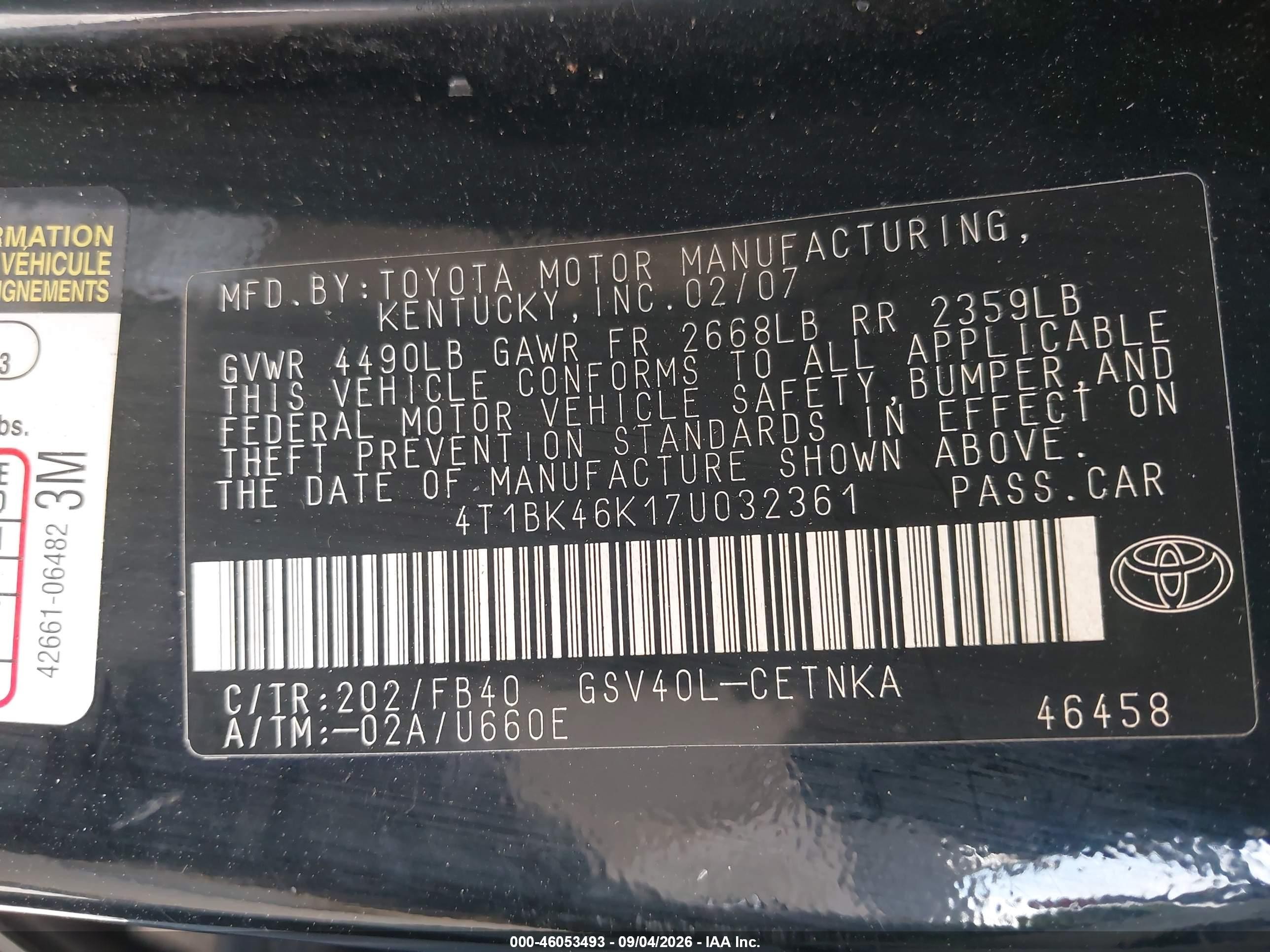 2007 Toyota Camry Le V6 Black vin: 4T1BK46K17U032361