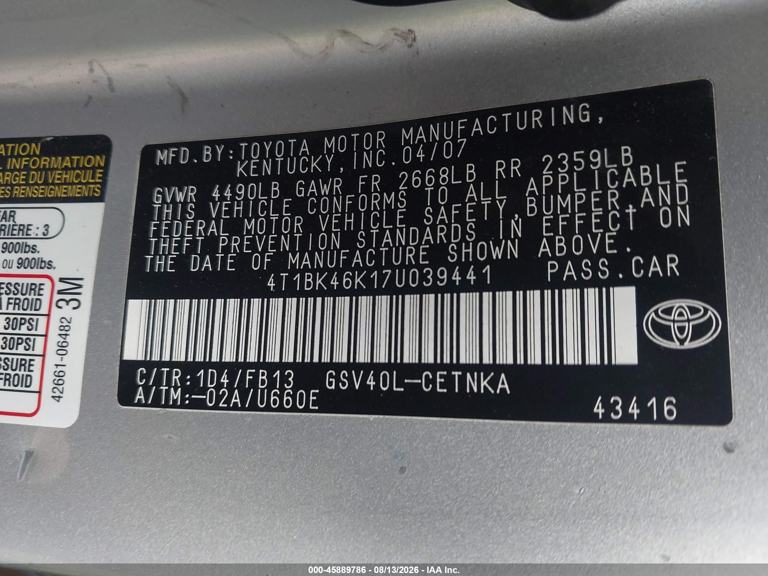 2007 Toyota Camry Le V6 Silver vin: 4T1BK46K17U039441