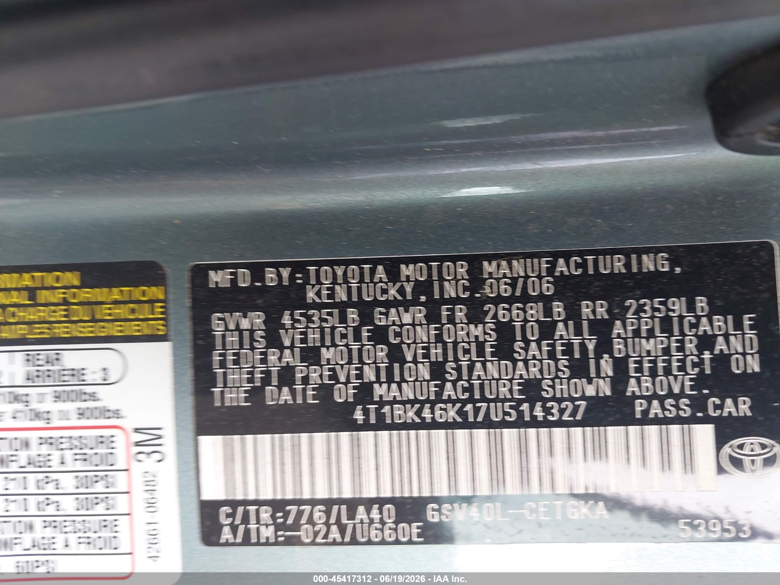 2007 Toyota Camry Xle V6 Green vin: 4T1BK46K17U514327