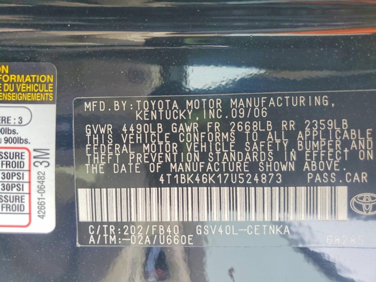 2007 Toyota Camry Le V6 Black vin: 4T1BK46K17U524873