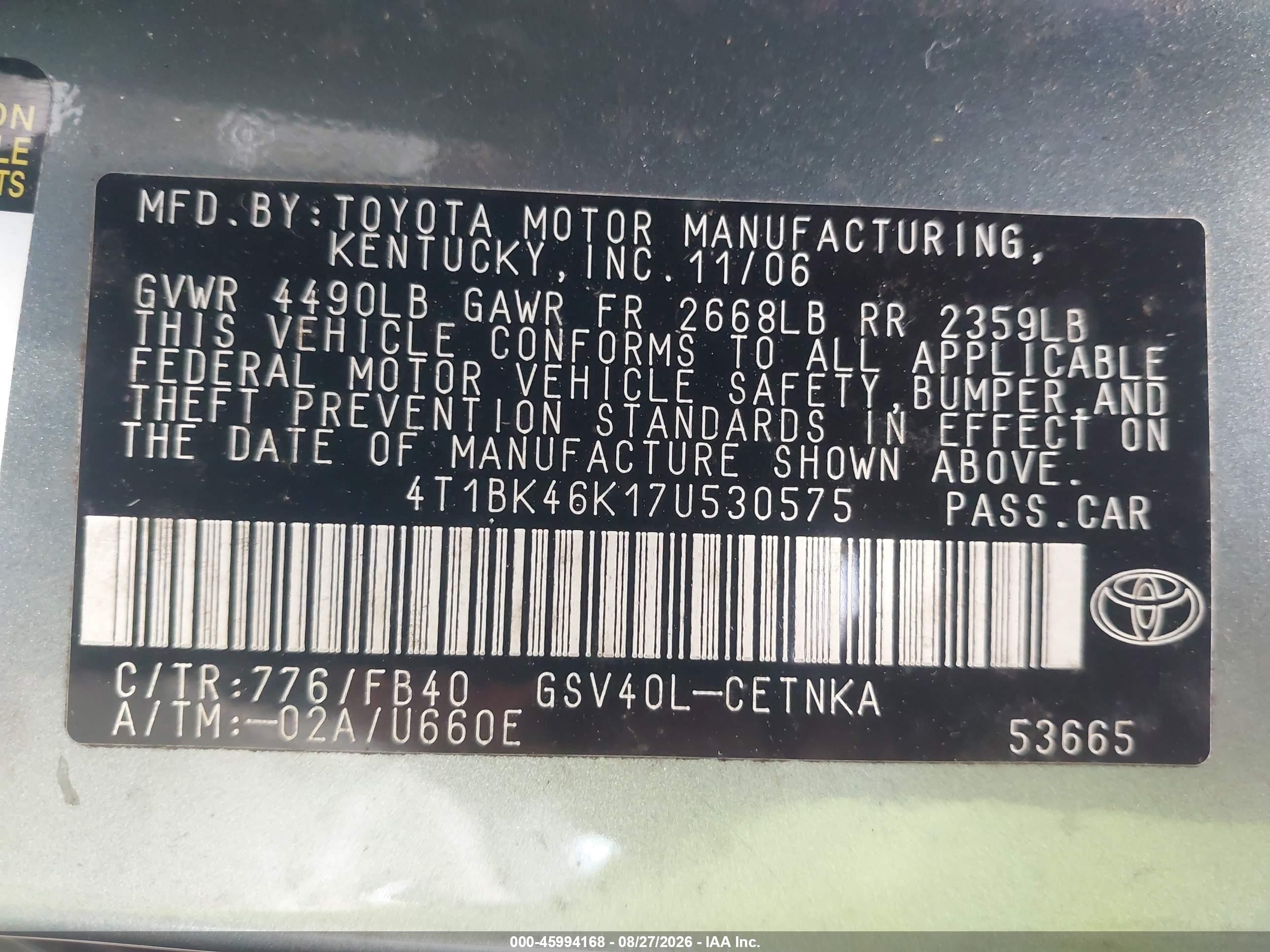 2007 Toyota Camry Le V6 Teal vin: 4T1BK46K17U530575