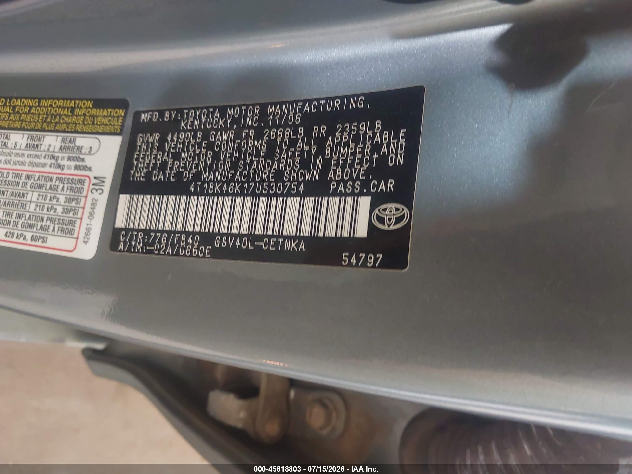 2007 Toyota Camry Le V6 Silver vin: 4T1BK46K17U530754