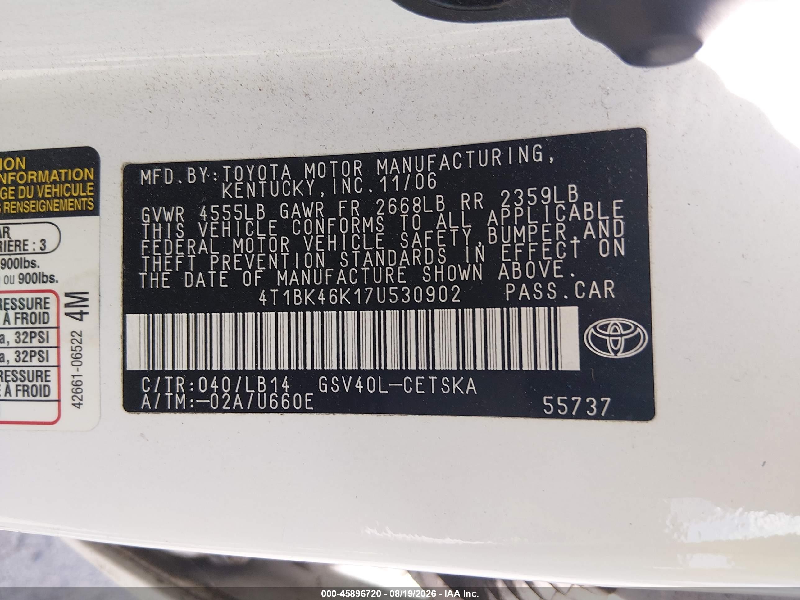 2007 Toyota Camry Se V6 White vin: 4T1BK46K17U530902