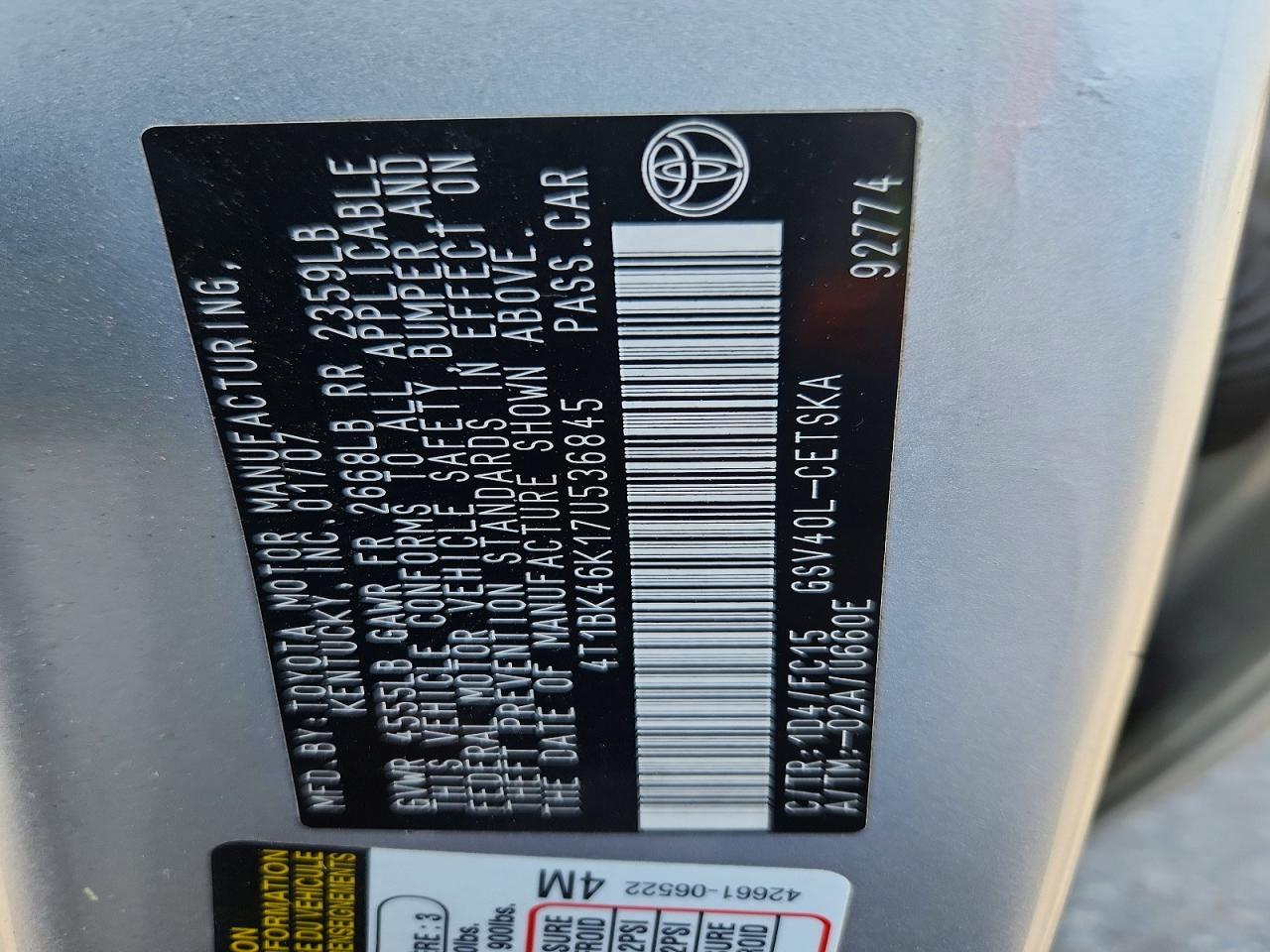 2007 Toyota Camry Se V6 Silver vin: 4T1BK46K17U536845