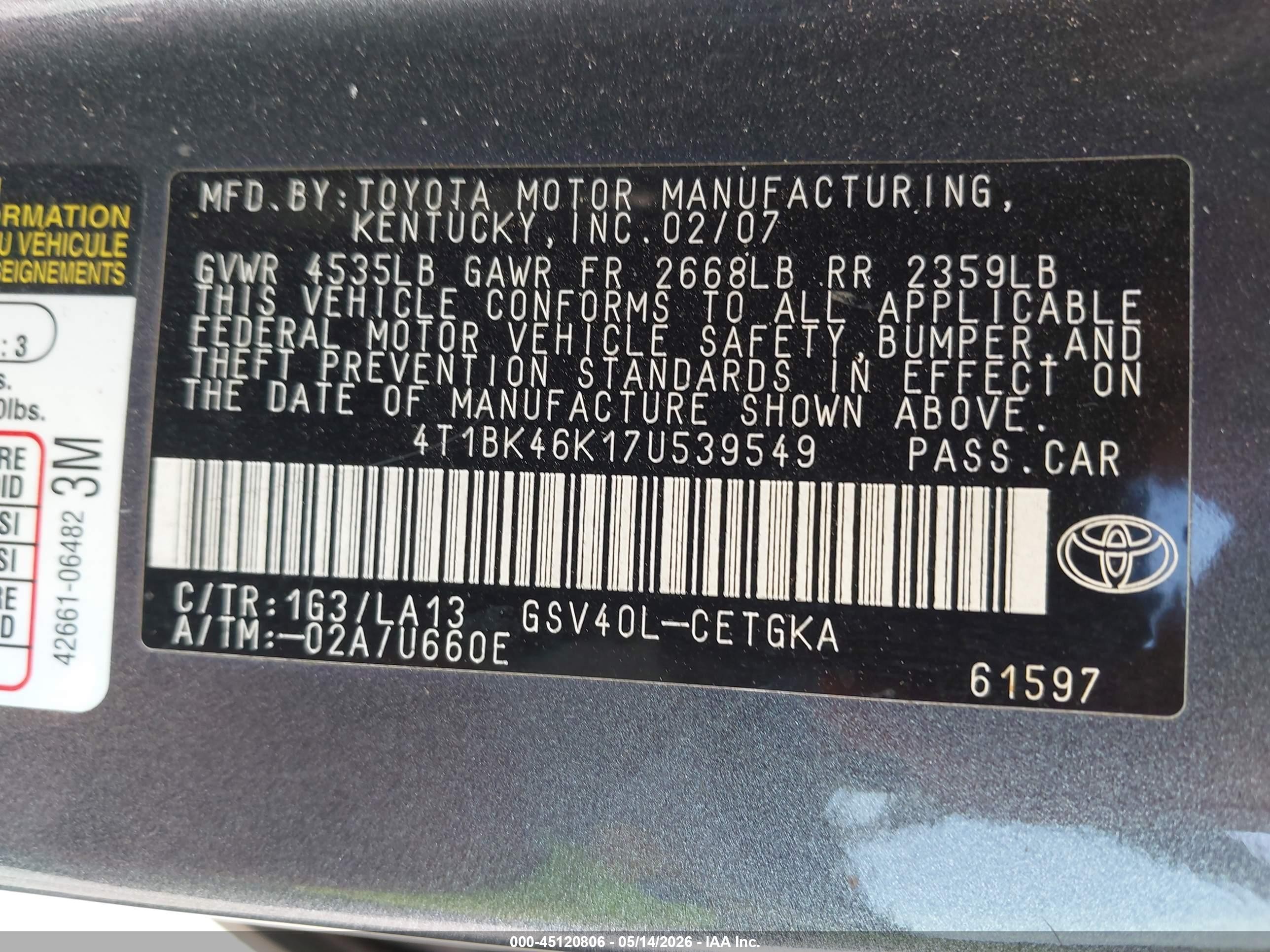 2007 Toyota Camry Xle V6 Brown vin: 4T1BK46K17U539549