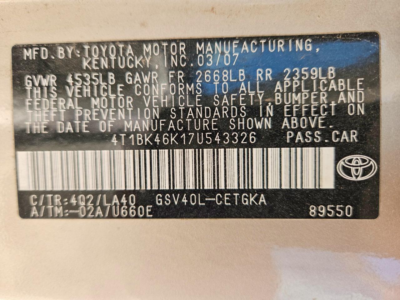 2007 Toyota Camry Xle V6 Бежевый vin: 4T1BK46K17U543326