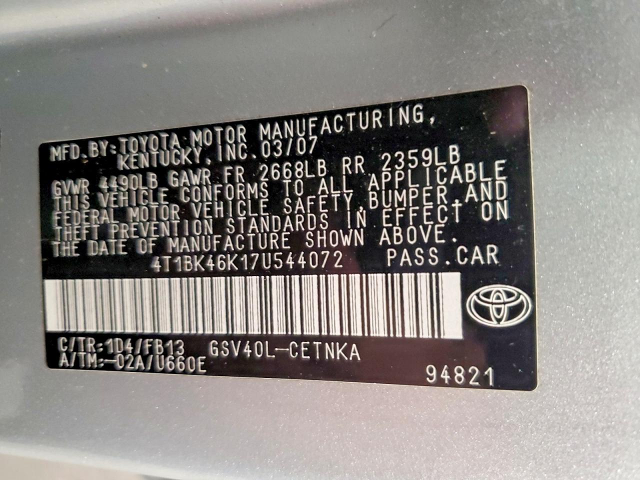 2007 Toyota Camry Le V6 Silver vin: 4T1BK46K17U544072