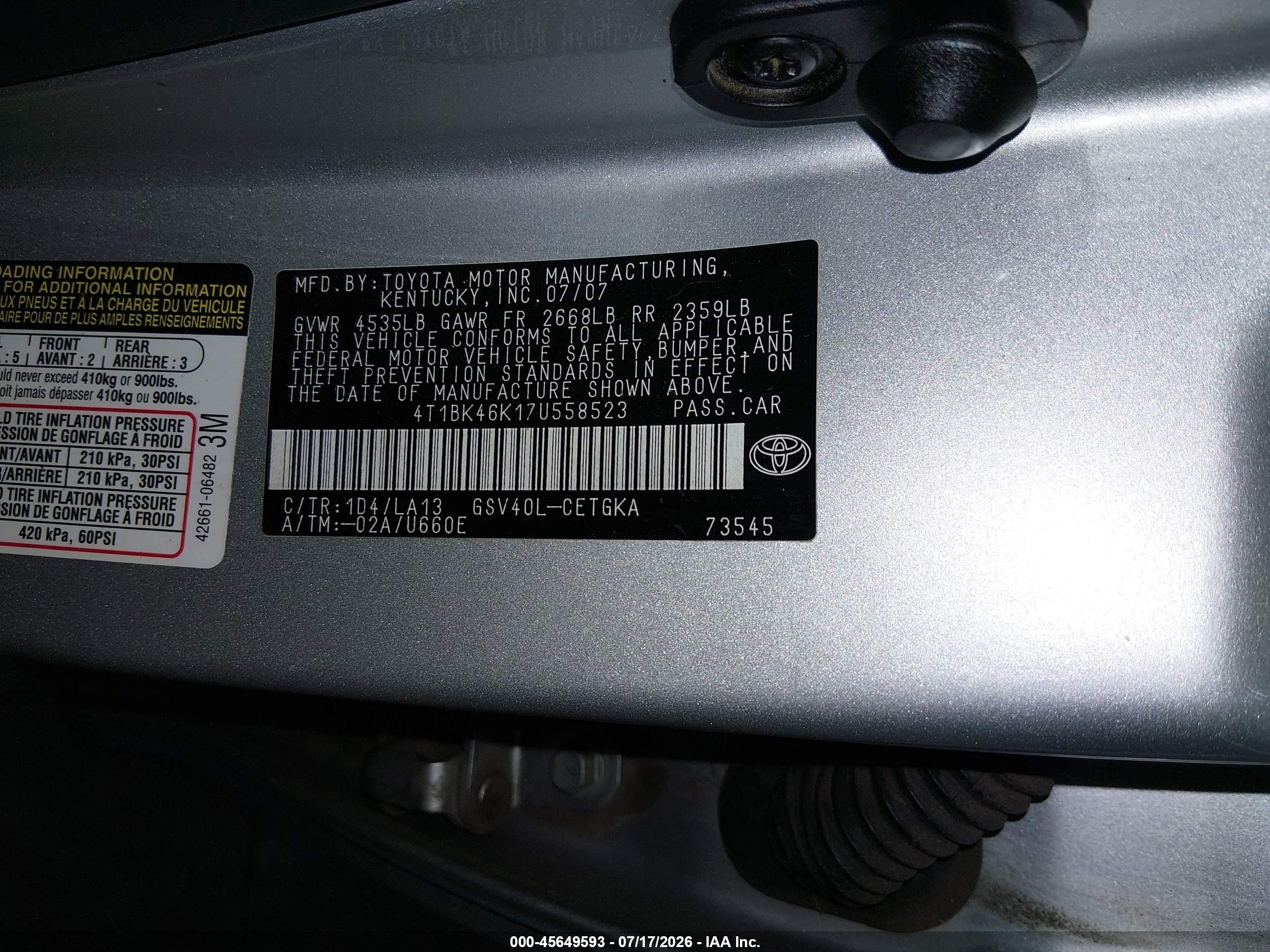2007 Toyota Camry Xle V6 Silver vin: 4T1BK46K17U558523