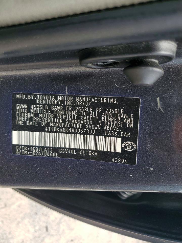 2008 Toyota Camry Xle V6 Gray vin: 4T1BK46K18U057309