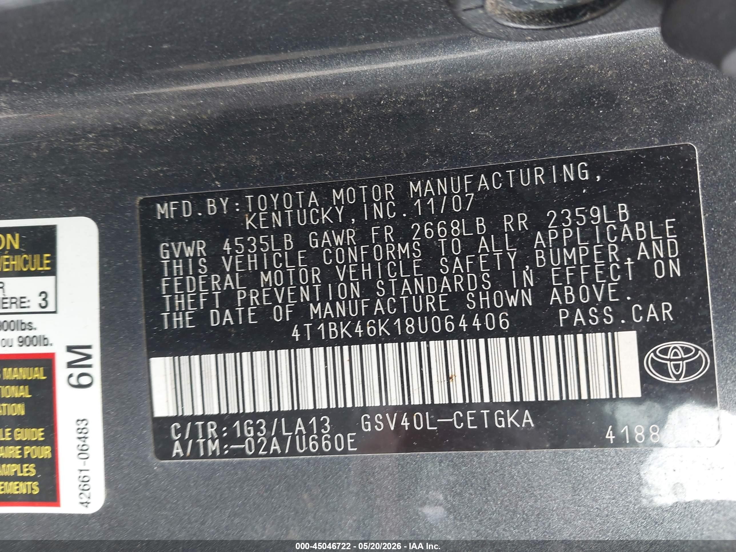 2008 Toyota Camry Xle V6 Серый vin: 4T1BK46K18U064406