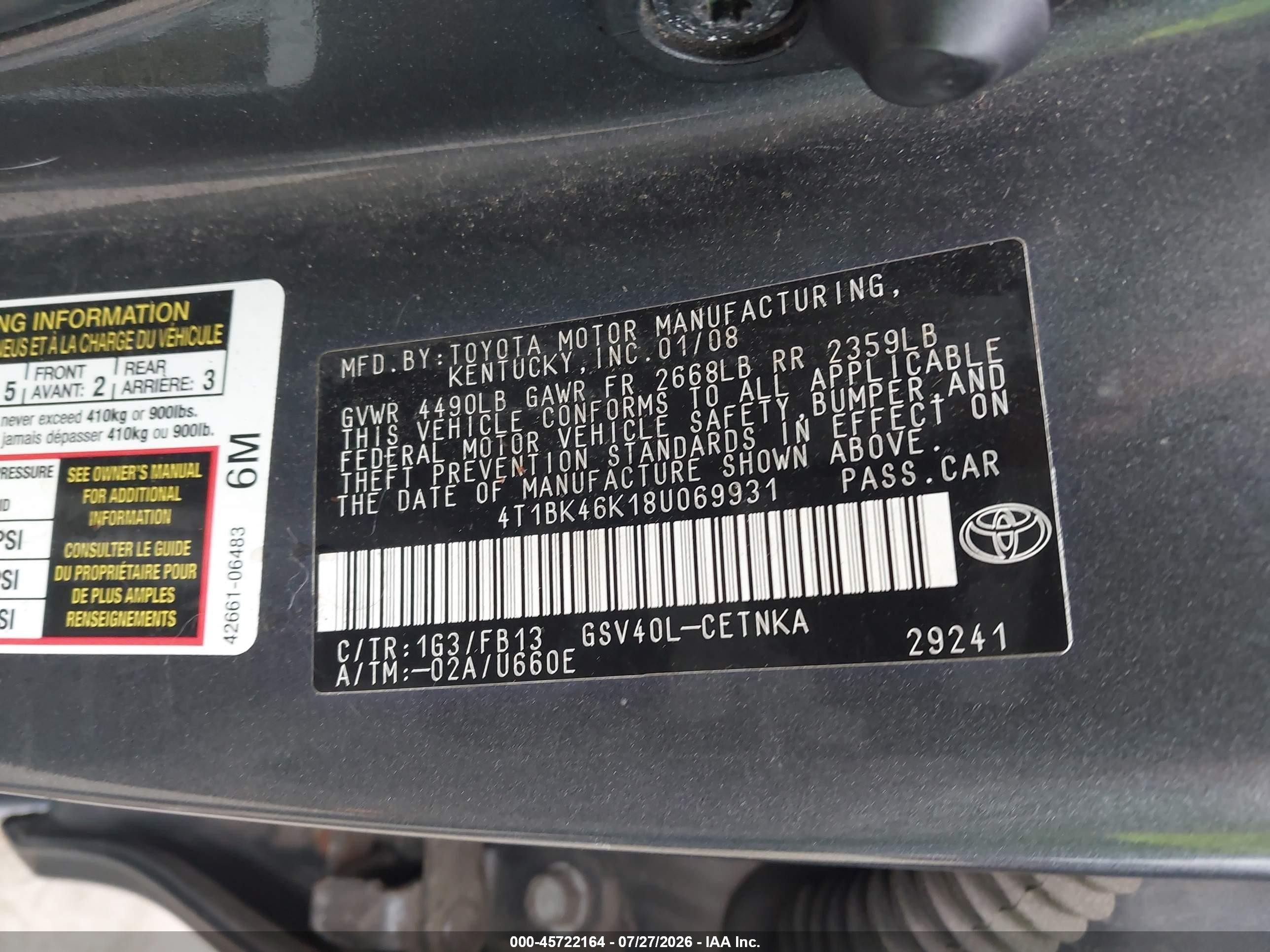2008 Toyota Camry Le Gray vin: 4T1BK46K18U069931