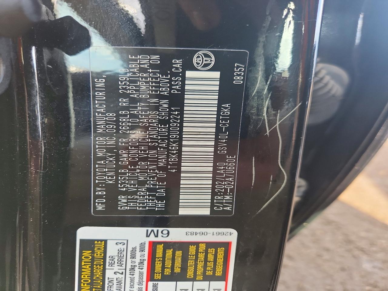 2009 Toyota Camry Xle V6 Black vin: 4T1BK46K19U092241