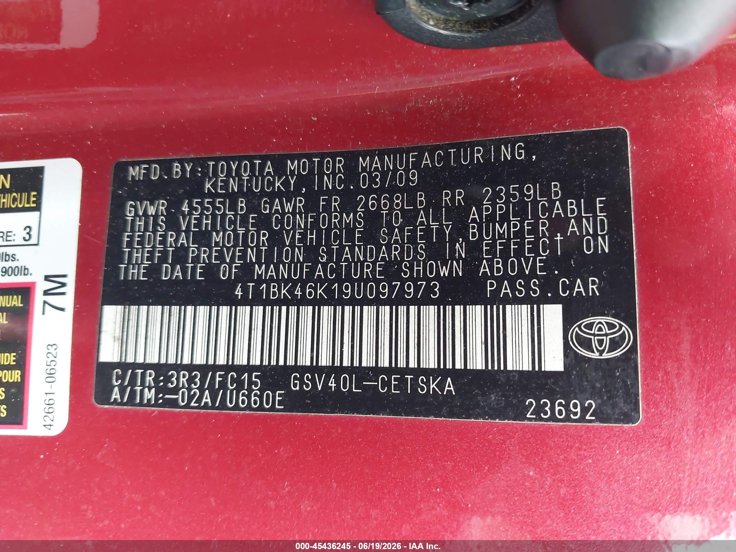 2009 Toyota Camry Se V6 Red vin: 4T1BK46K19U097973