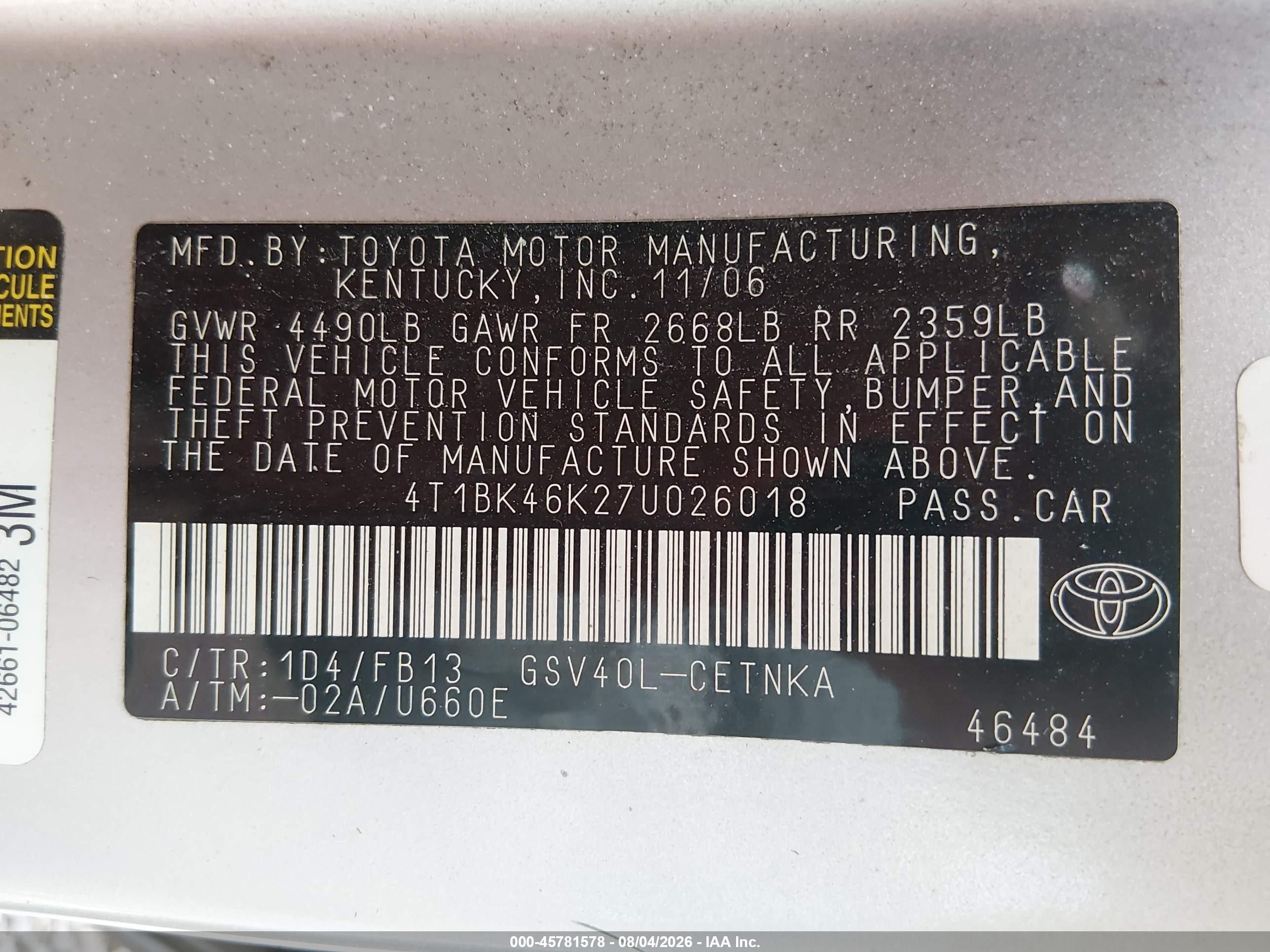 2007 Toyota Camry Le V6 Gray vin: 4T1BK46K27U026018