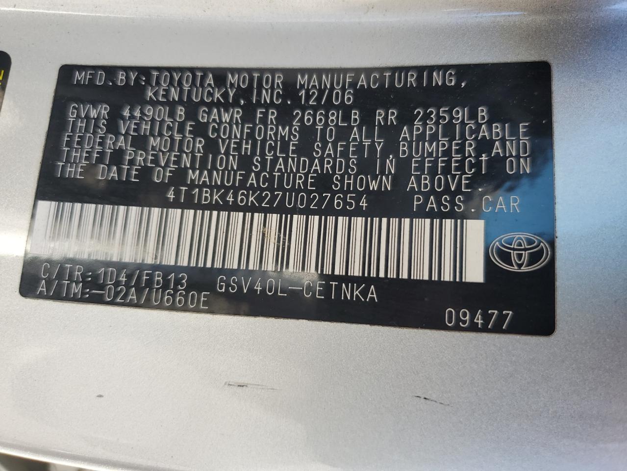 2007 Toyota Camry Le Silver vin: 4T1BK46K27U027654