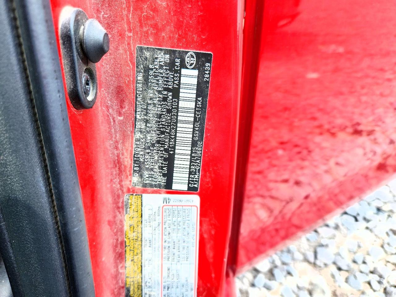 2007 Toyota Camry Se V6 Red vin: 4T1BK46K27U030103