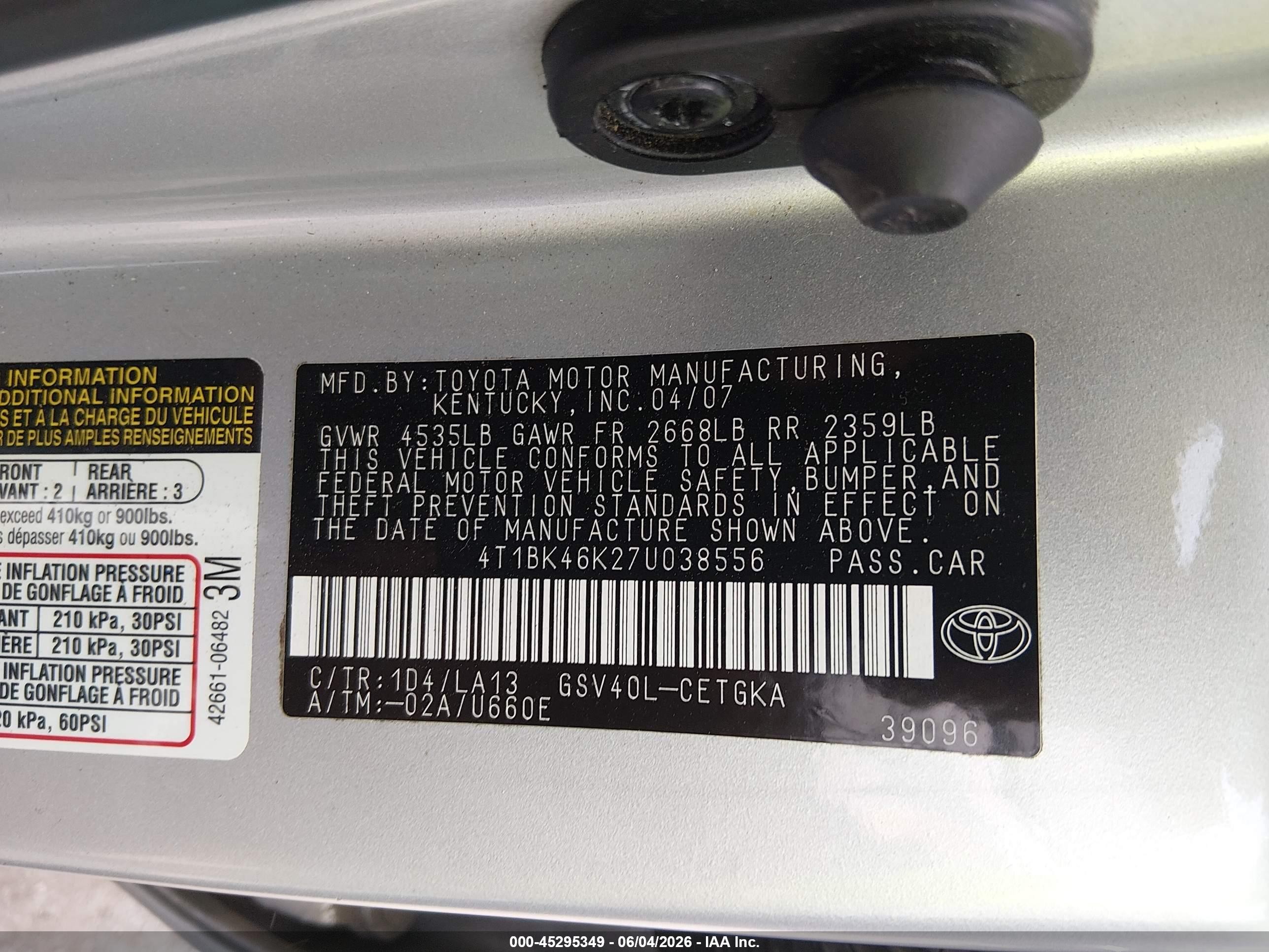 2007 Toyota Camry Xle V6 Silver vin: 4T1BK46K27U038556