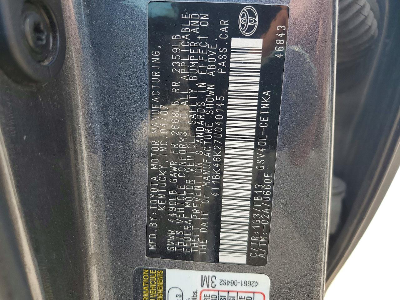 2007 Toyota Camry Le V6 Charcoal vin: 4T1BK46K27U040145