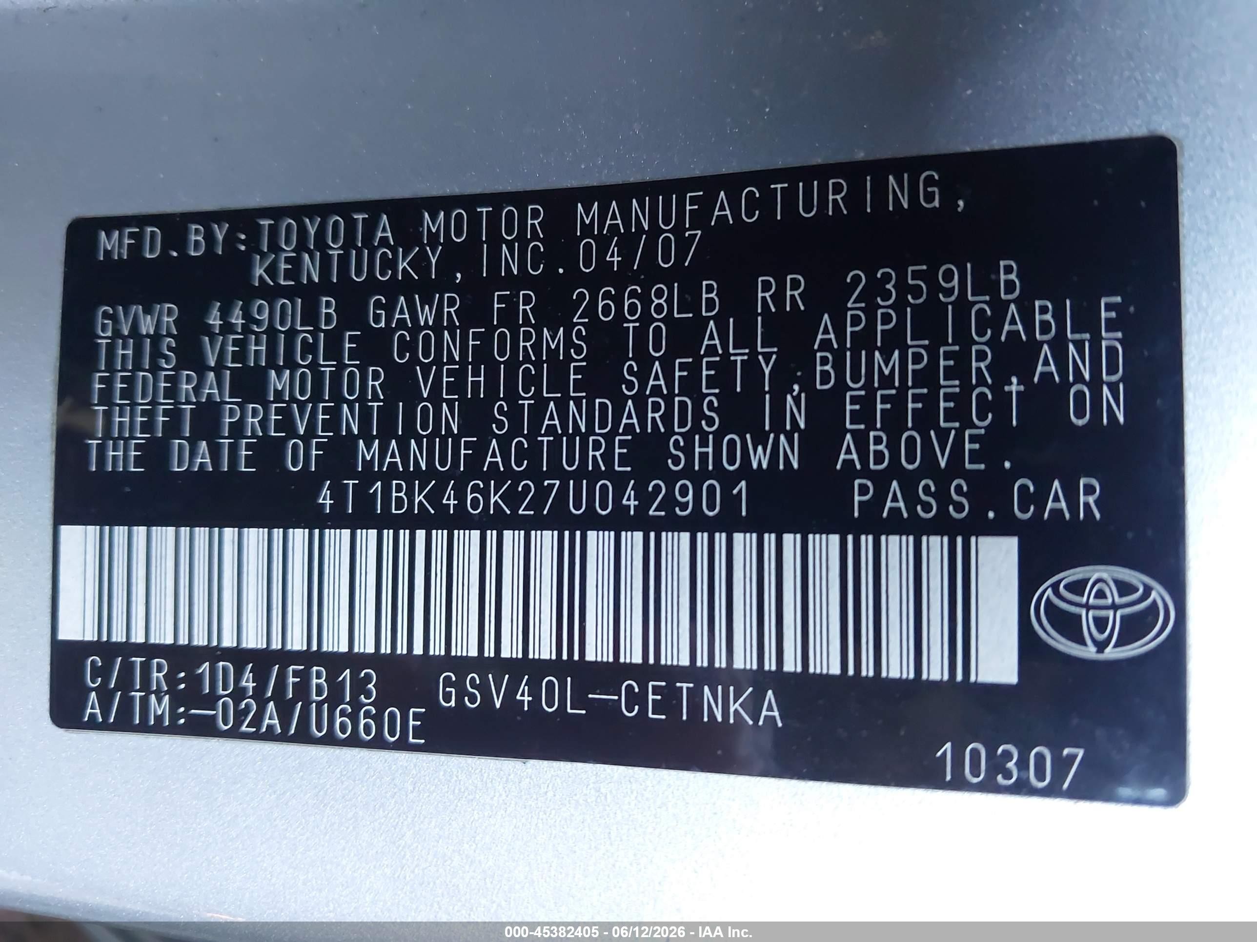 2007 Toyota Camry Le V6 Silver vin: 4T1BK46K27U042901