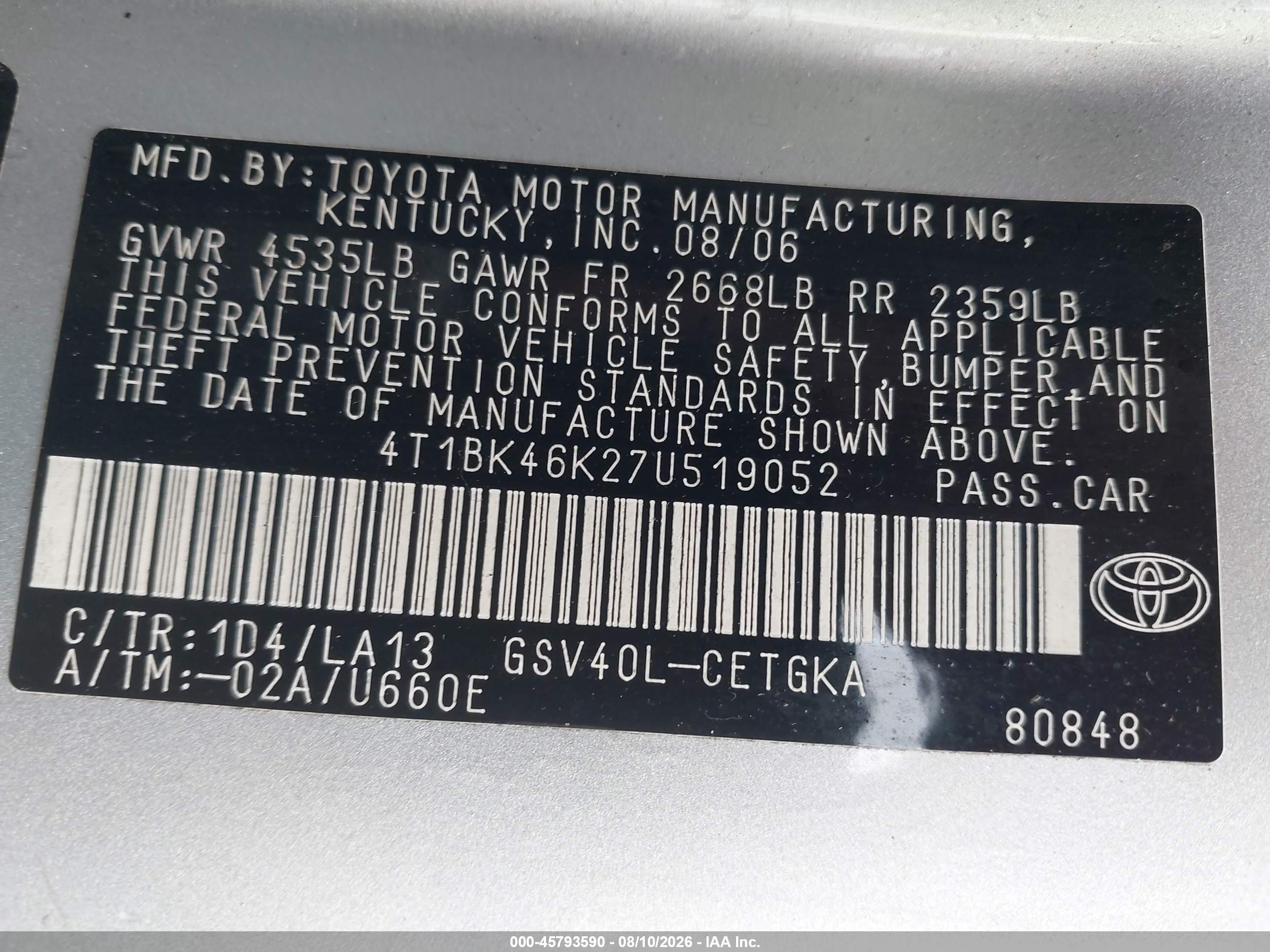 2007 Toyota Camry Xle V6 Silver vin: 4T1BK46K27U519052