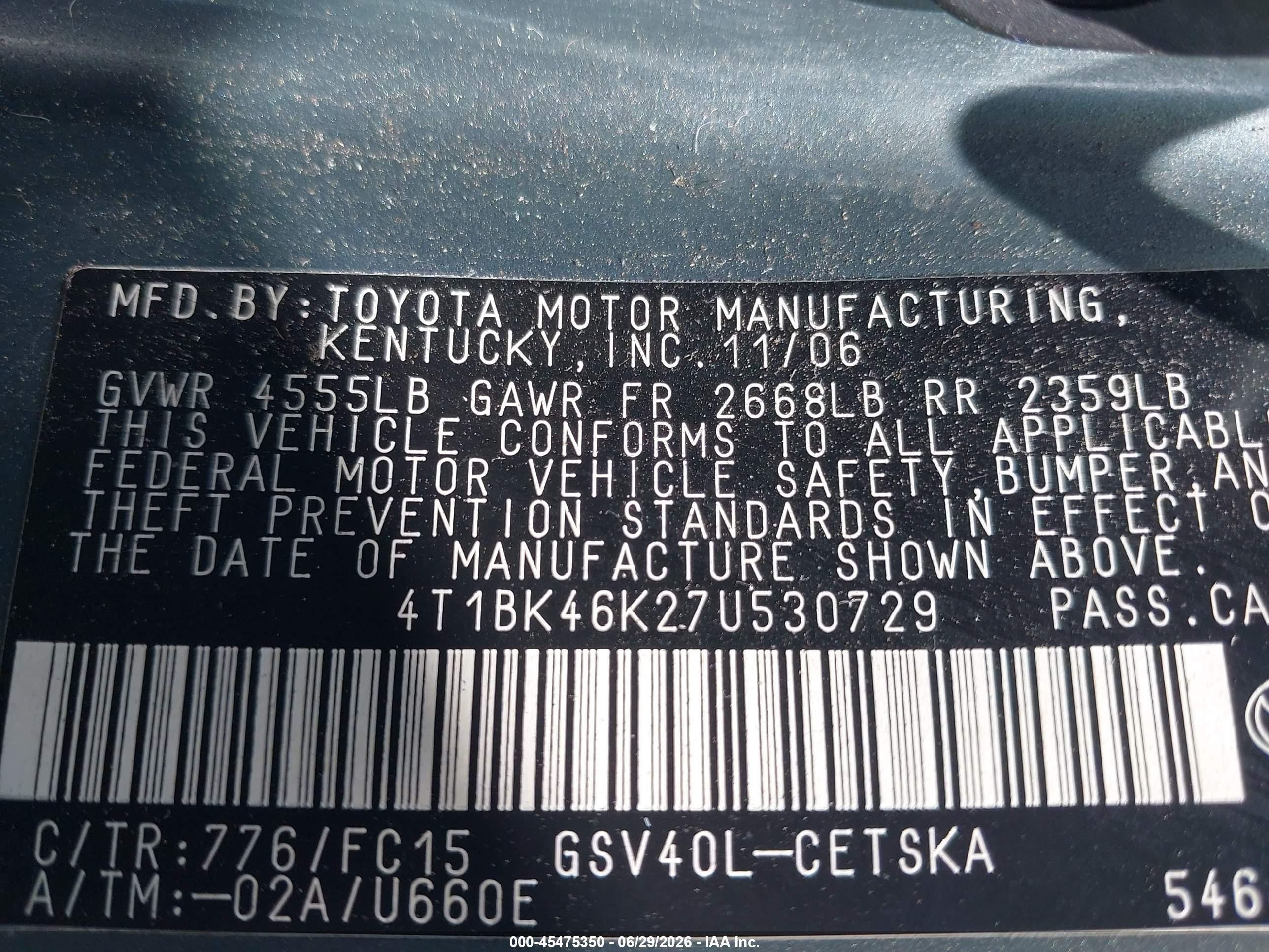 2007 Toyota Camry Se V6 Blue vin: 4T1BK46K27U530729