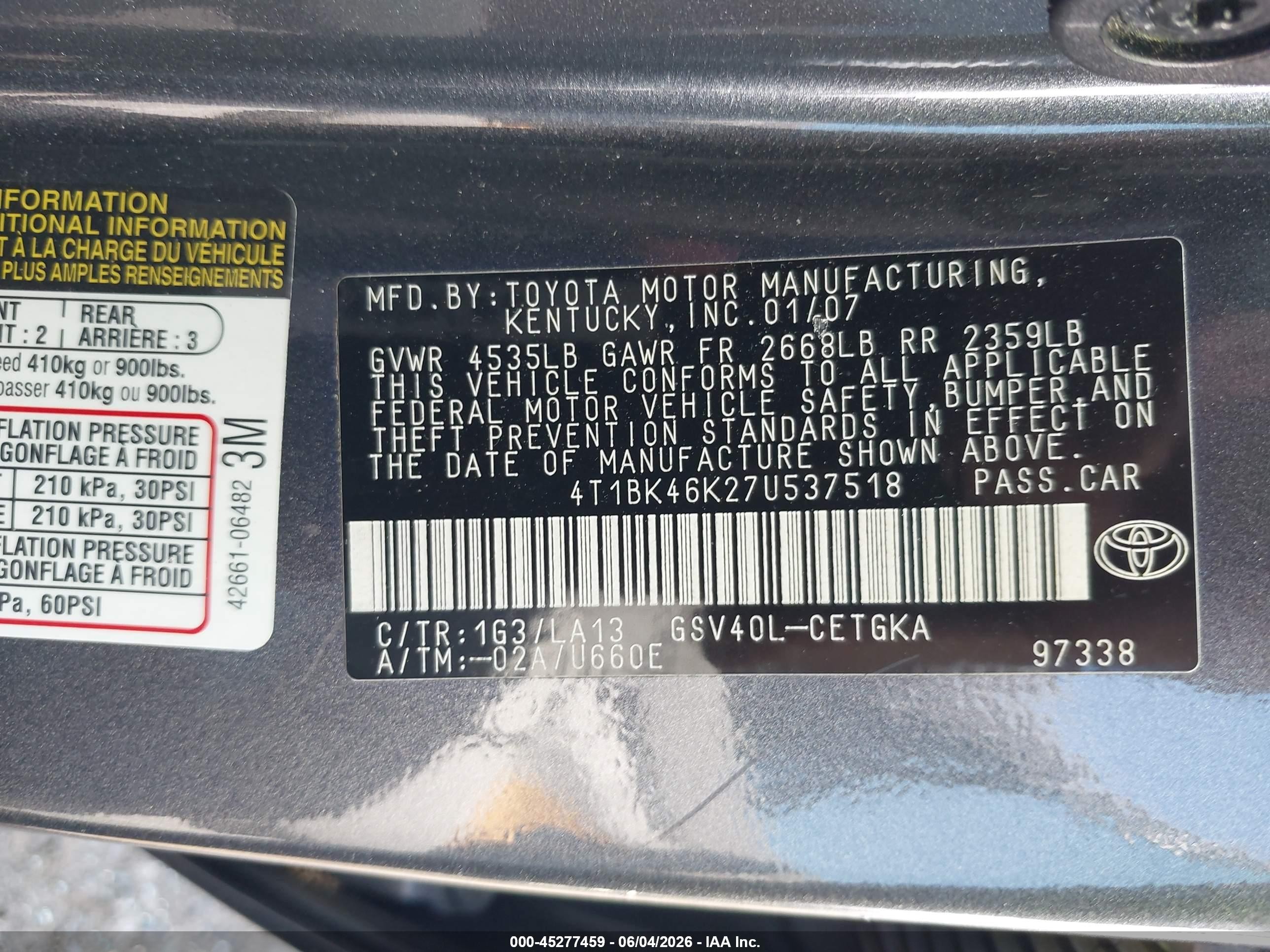 2007 Toyota Camry Xle V6 Gray vin: 4T1BK46K27U537518