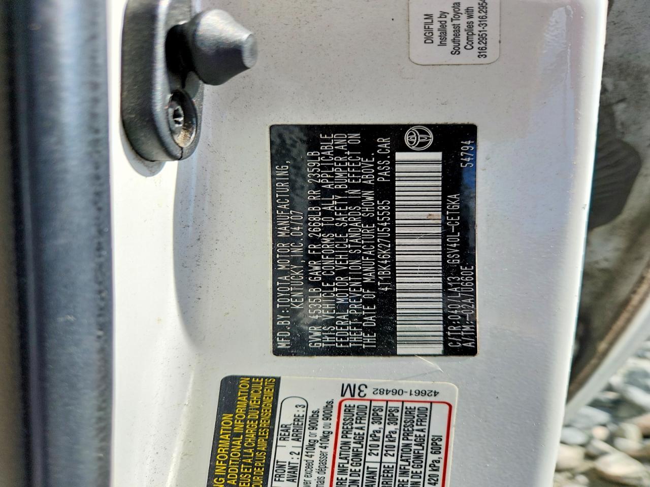 2007 Toyota Camry Xle V6 White vin: 4T1BK46K27U545585