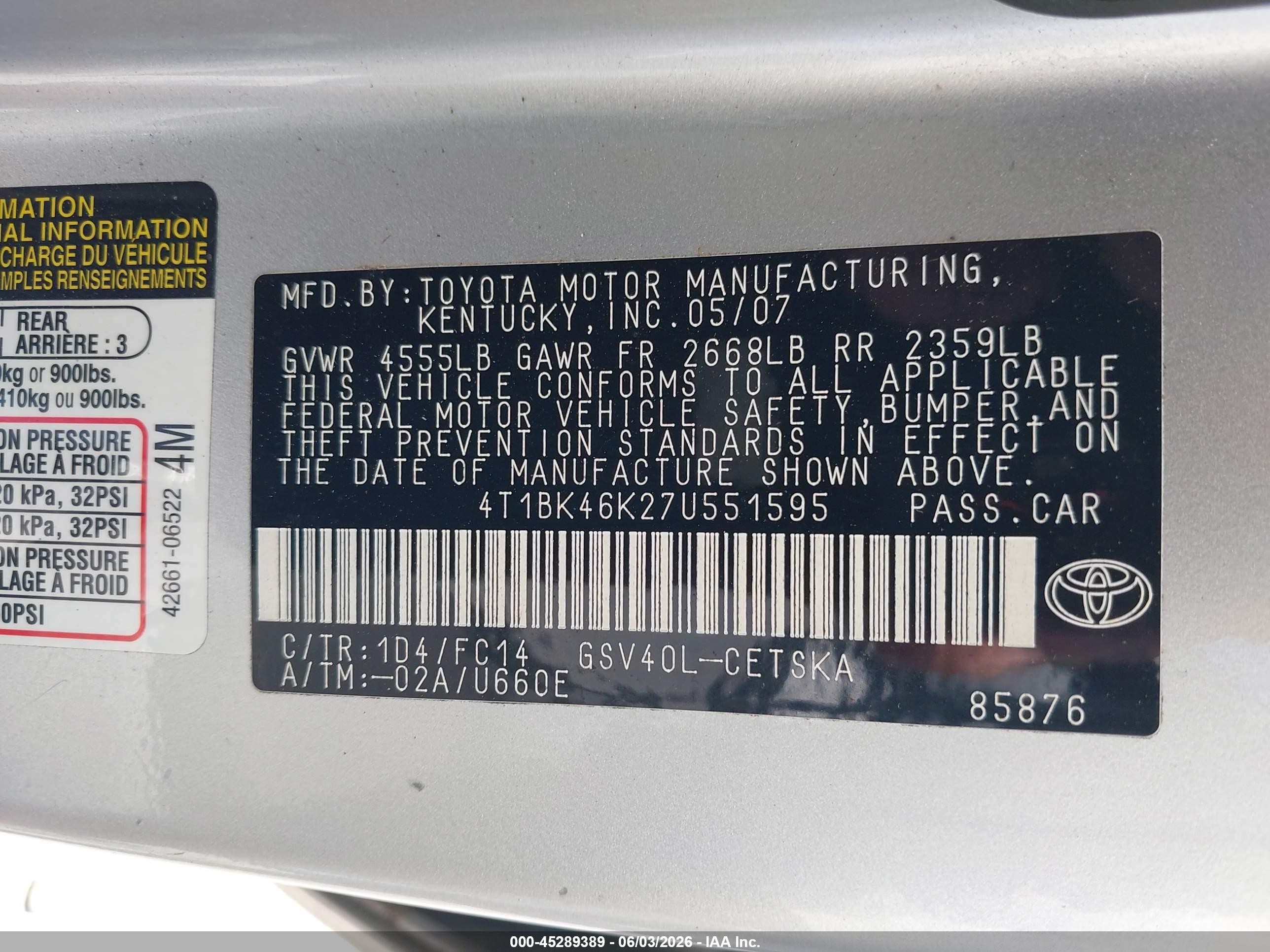 2007 Toyota Camry Se V6 Silver vin: 4T1BK46K27U551595