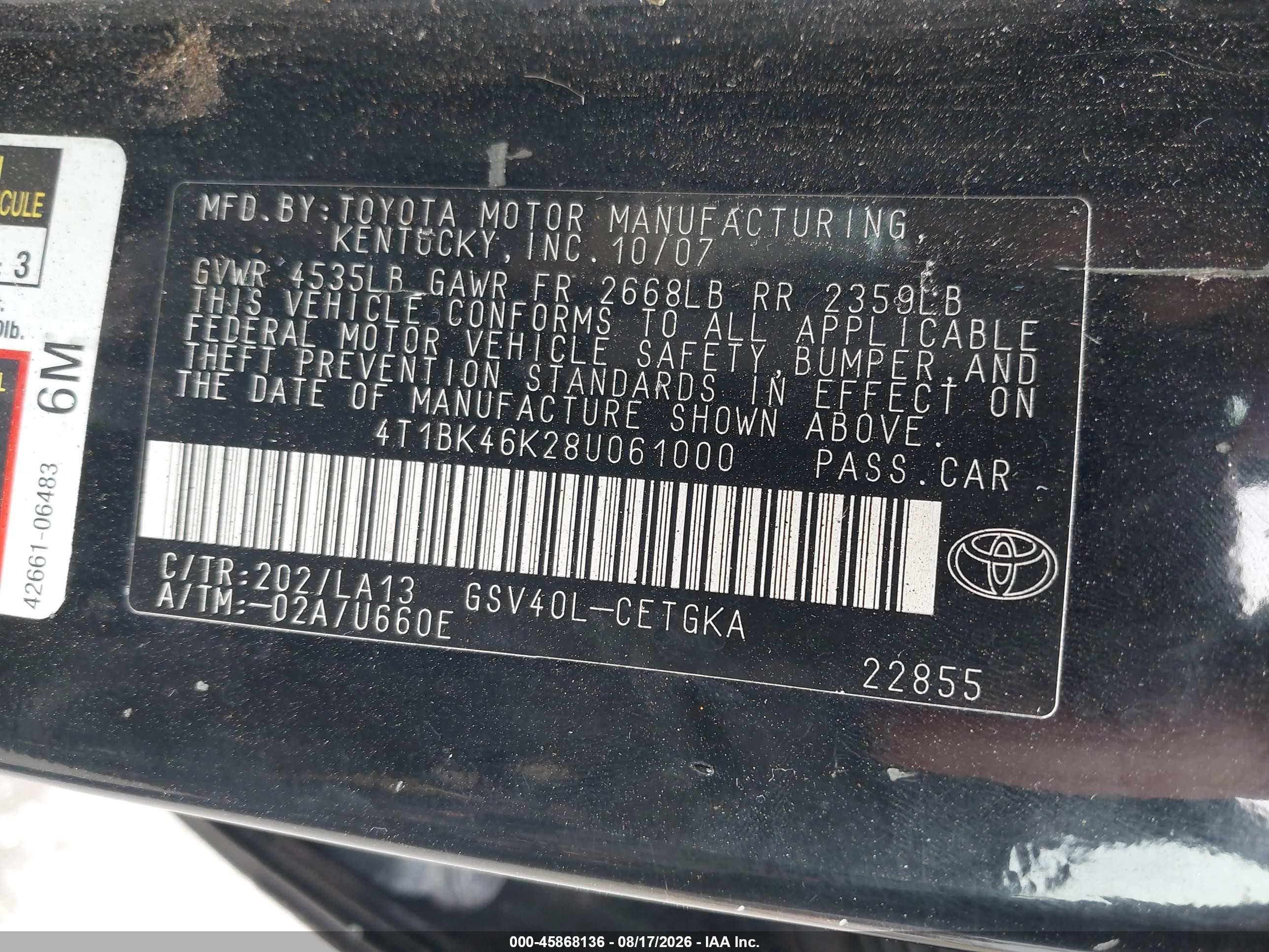 2008 Toyota Camry Xle Black vin: 4T1BK46K28U061000