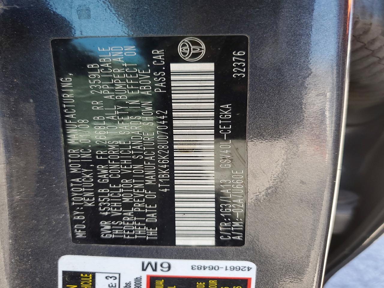 2008 Toyota Camry Le V6 Gray vin: 4T1BK46K28U070442