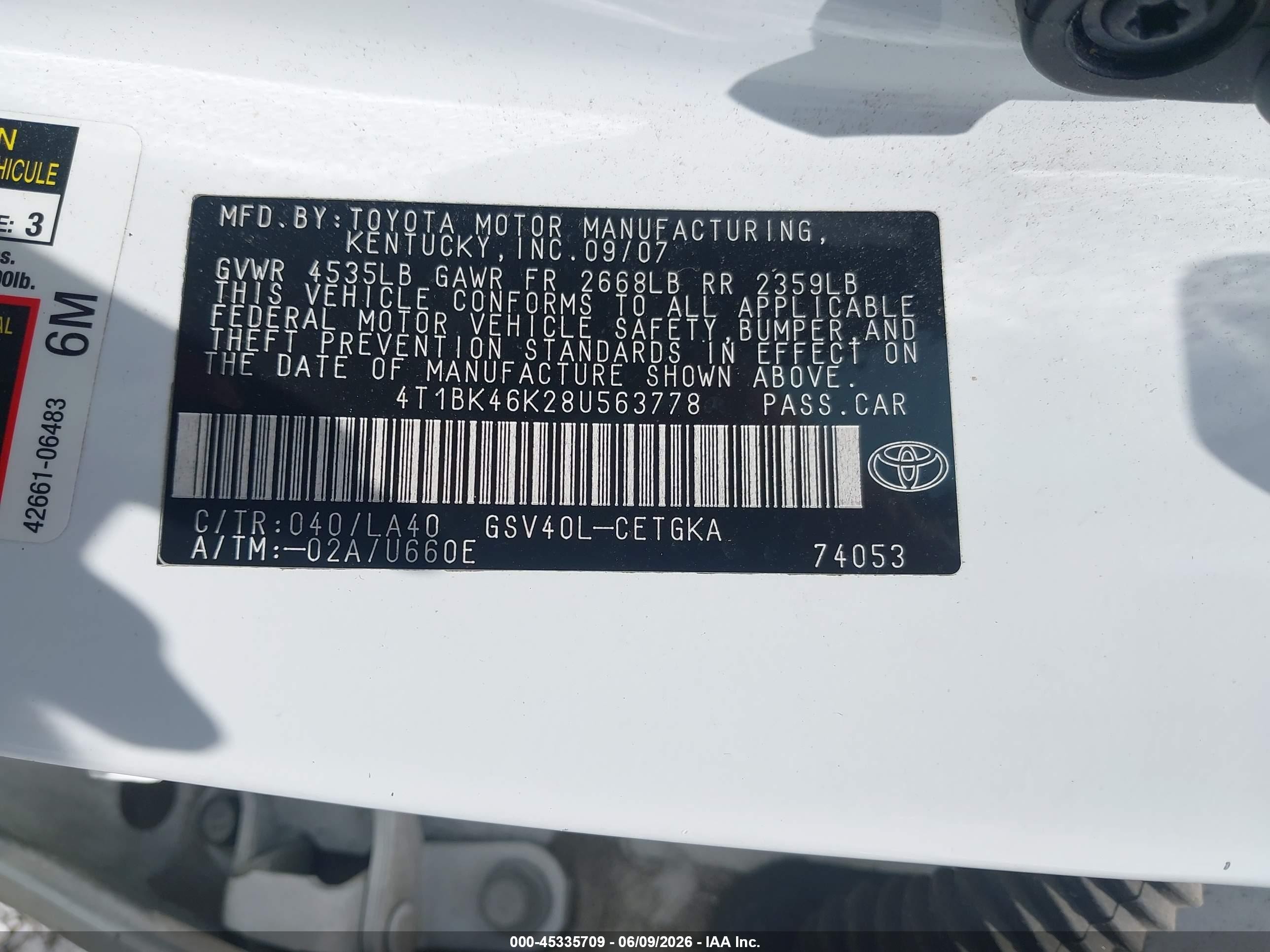 2008 Toyota Camry Xle V6 White vin: 4T1BK46K28U563778