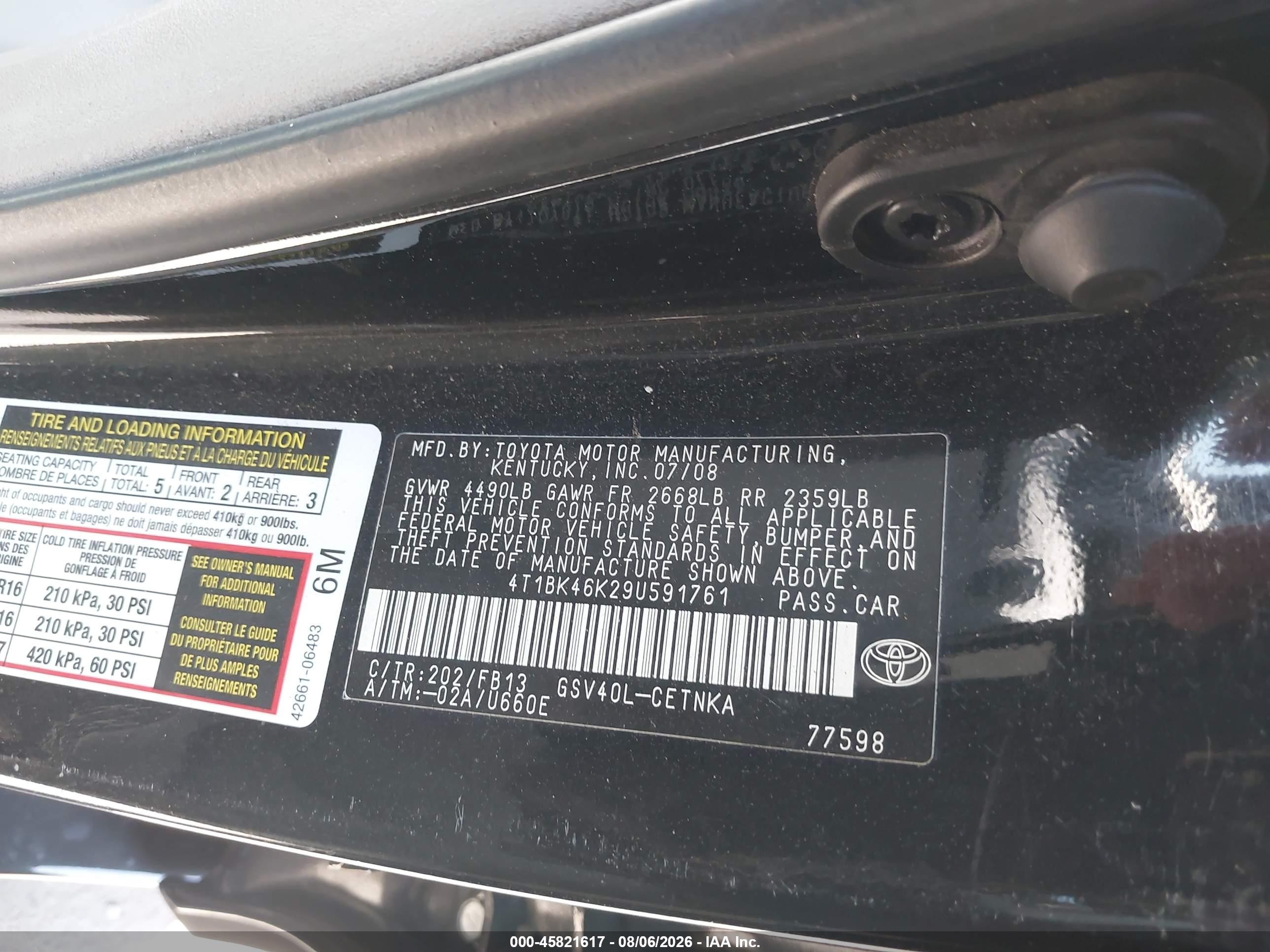 2009 Toyota Camry Le V6 Black vin: 4T1BK46K29U591761
