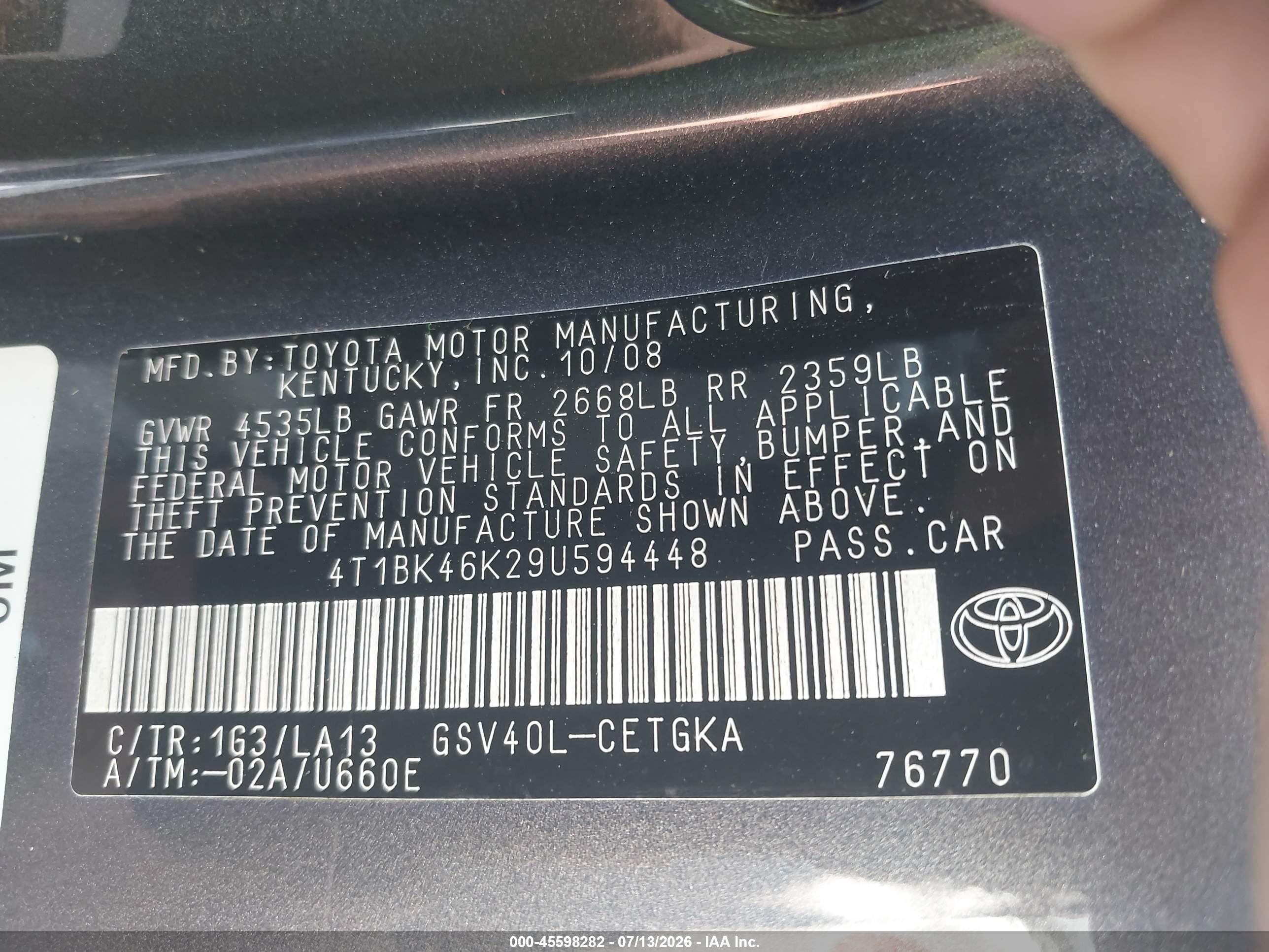 2009 Toyota Camry Xle V6 Gray vin: 4T1BK46K29U594448