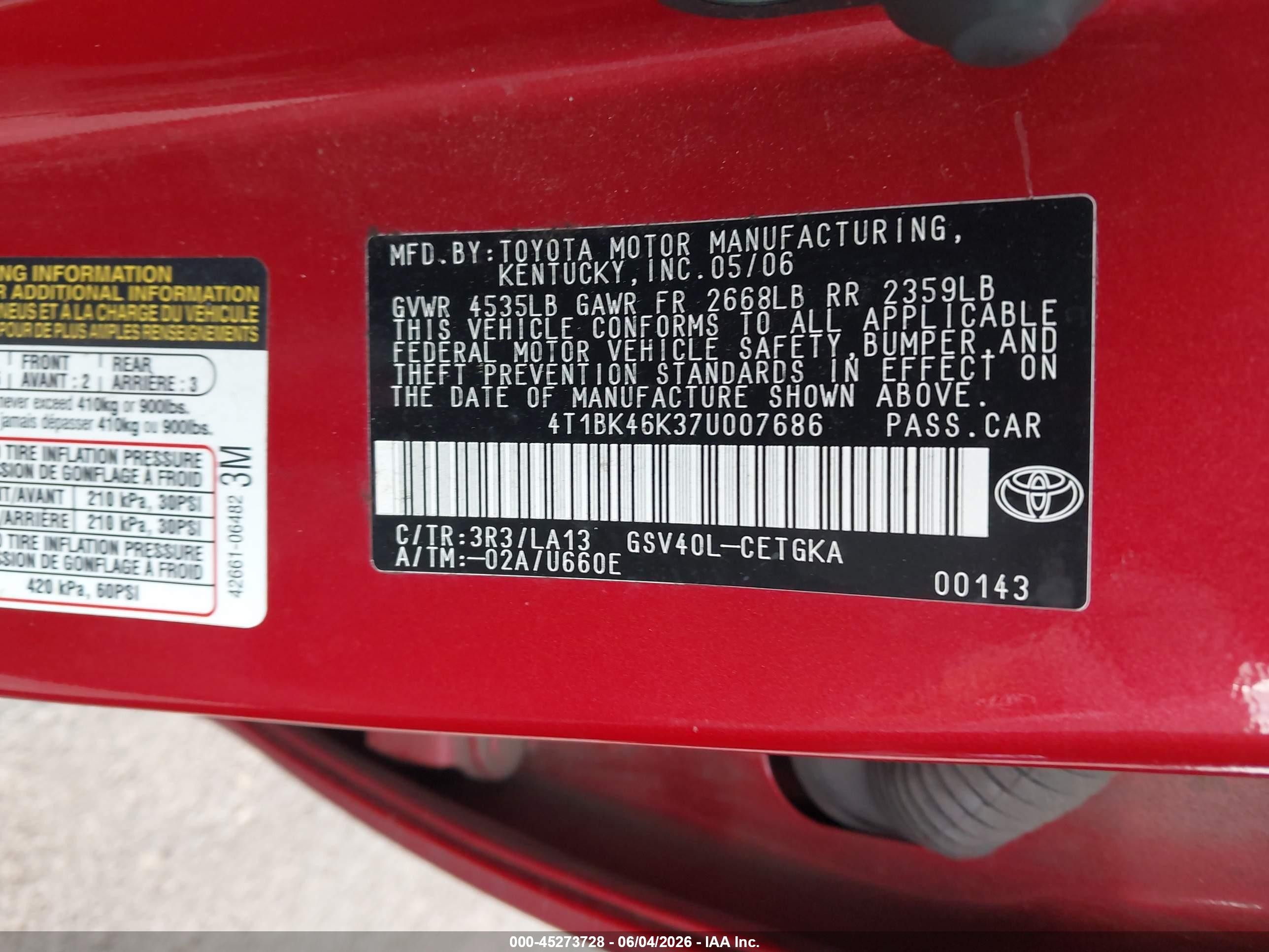 2007 Toyota Camry Xle V6 Red vin: 4T1BK46K37U007686
