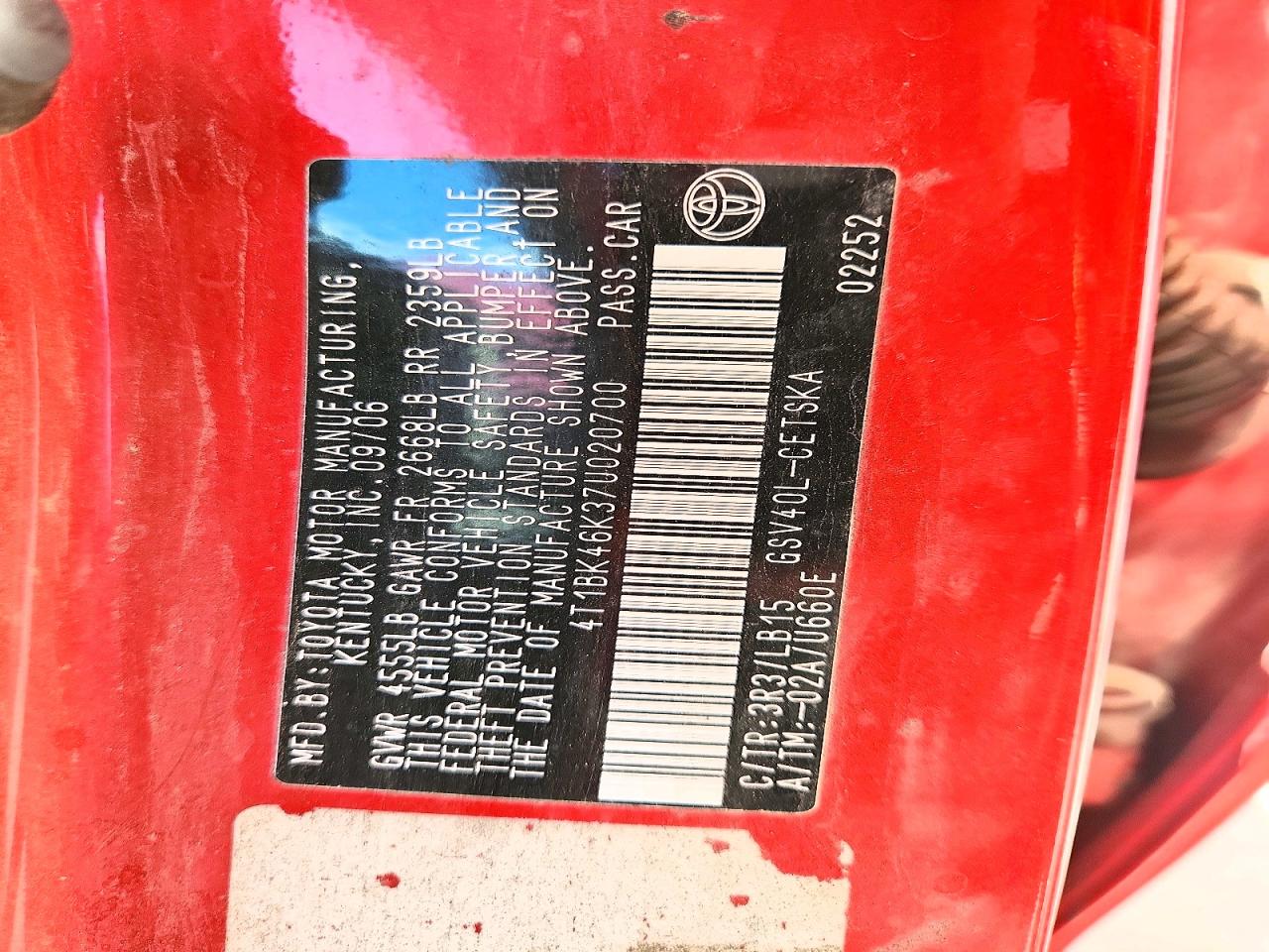 2007 Toyota Camry Se V6 Red vin: 4T1BK46K37U020700
