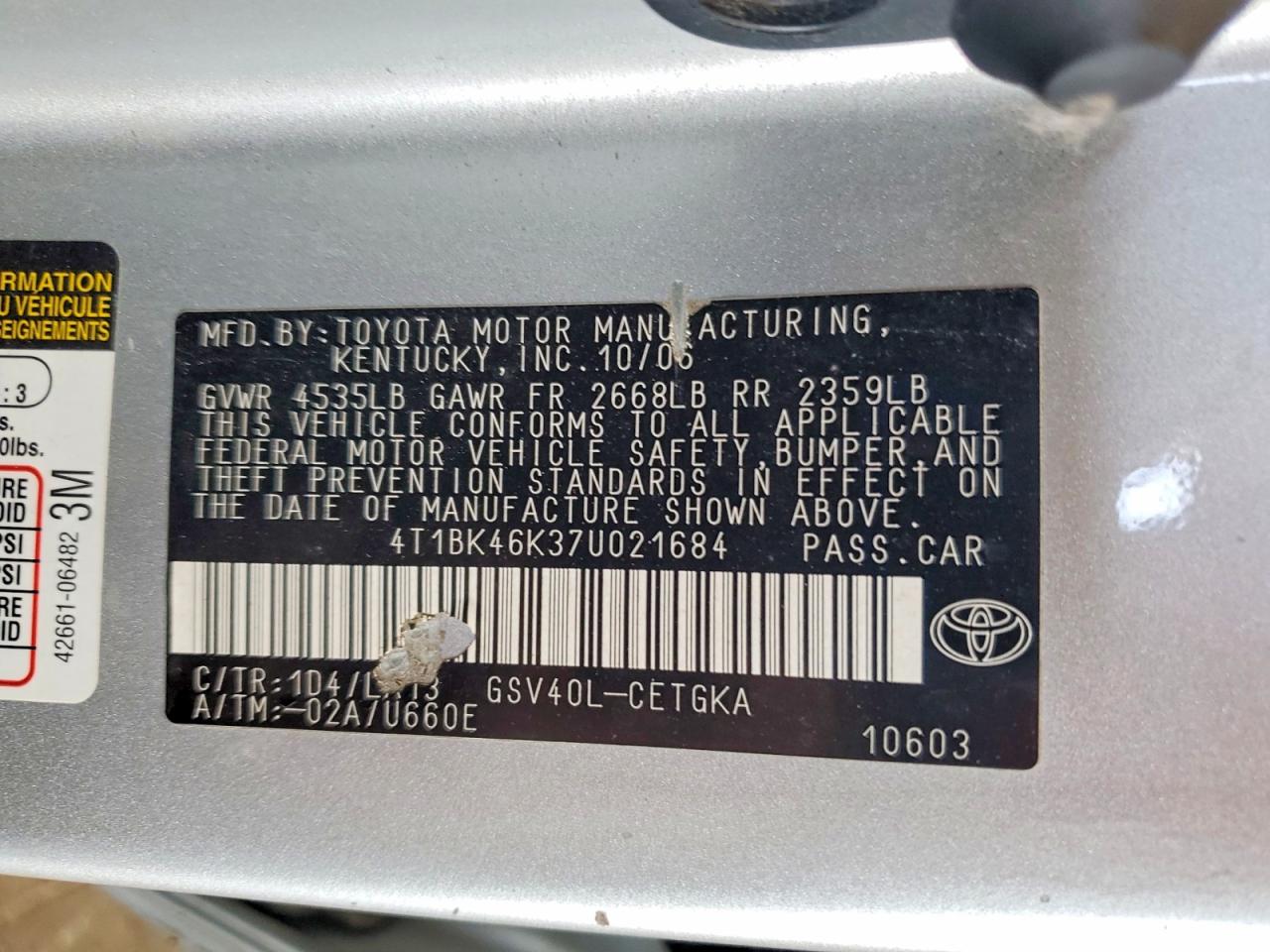2007 Toyota Camry Xle V6 Silver vin: 4T1BK46K37U021684
