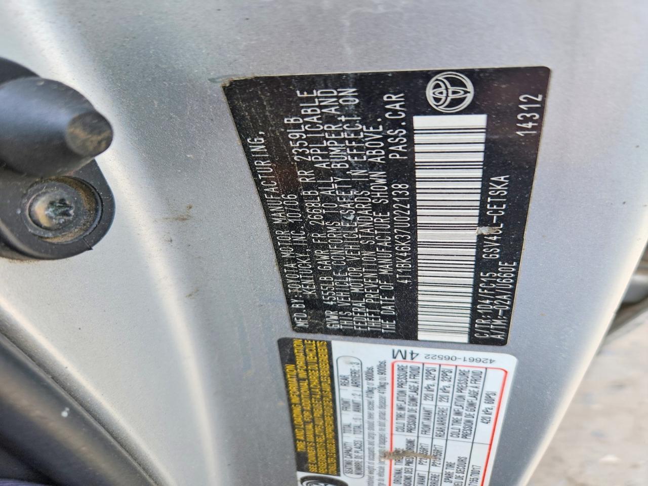 2007 Toyota Camry Se V6 Gray vin: 4T1BK46K37U022138