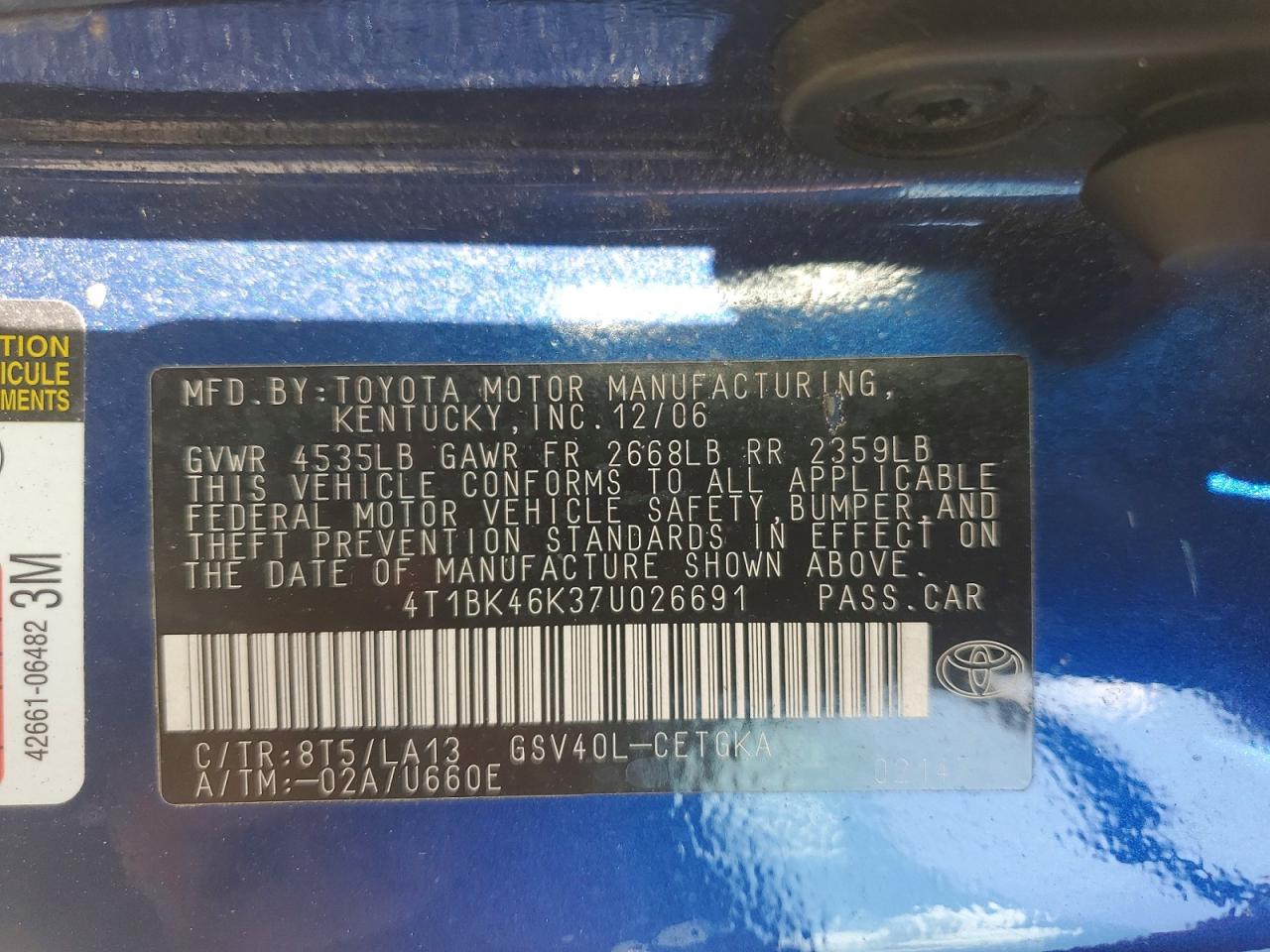 2007 Toyota Camry Xle V6 Blue vin: 4T1BK46K37U026691