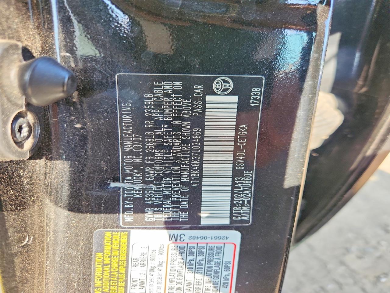 2007 Toyota Camry Xle V6 Black vin: 4T1BK46K37U034869