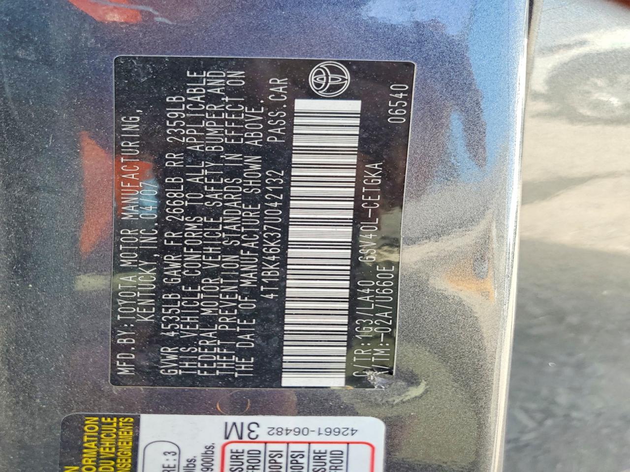 2007 Toyota Camry Xle V6 Gray vin: 4T1BK46K37U042132